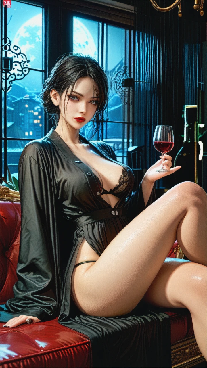 30 years old sexy woman, (black mid size hair), model face, red lips, slim waist, long legs, grey eyes, ((black unbuttoned bath robe)), black lace thong, black lace bra, living room, night, dark lighting, sit on sofa, drink wine, ultra hd, 4k, ultra detailed, one foot on the other, half side view