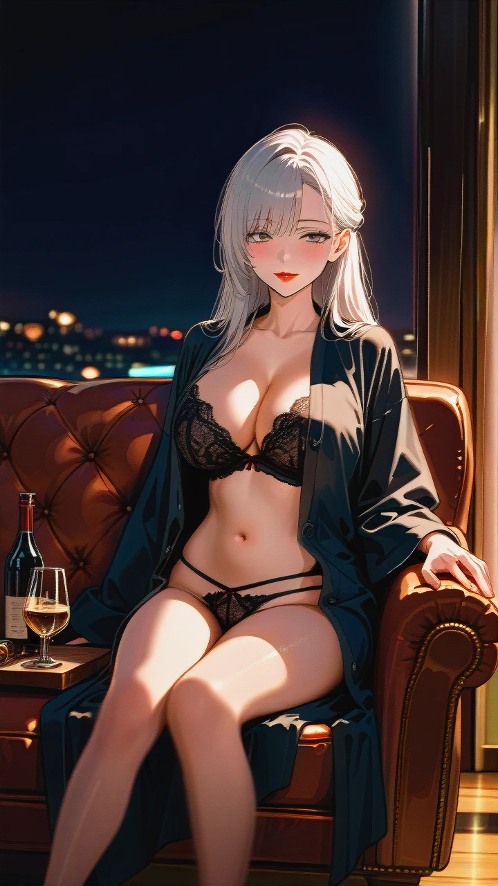 30 years old sexy woman, (black mid size hair), model face, red lips, slim waist, long legs, grey eyes, ((black unbuttoned bath robe)), black lace thong, black lace bra, living room, night, dark lighting, sit on sofa, drink wine, ultra hd, 4k, ultra detailed, one foot on the other, half side view, horny smile