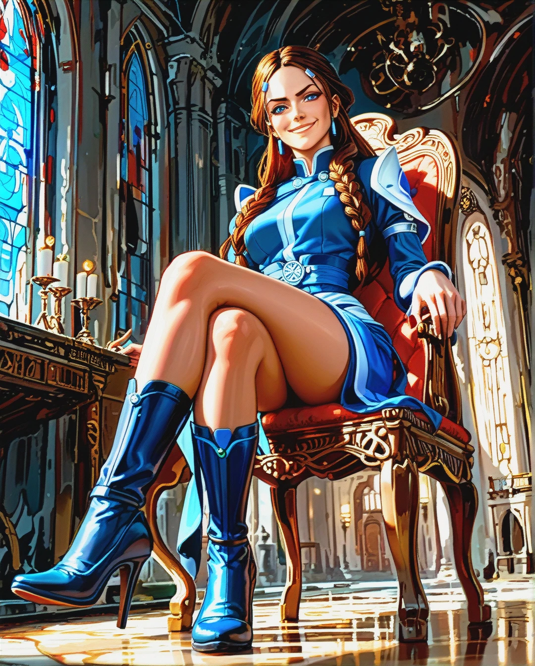 1girl, solo, @katara, full clothes, (raised_eyebrow), (smirk), (sitting) on chair, (crossed_legs), shoe dangle, dangling shoes, (looking_at_viewer), (full_body), (from_below)