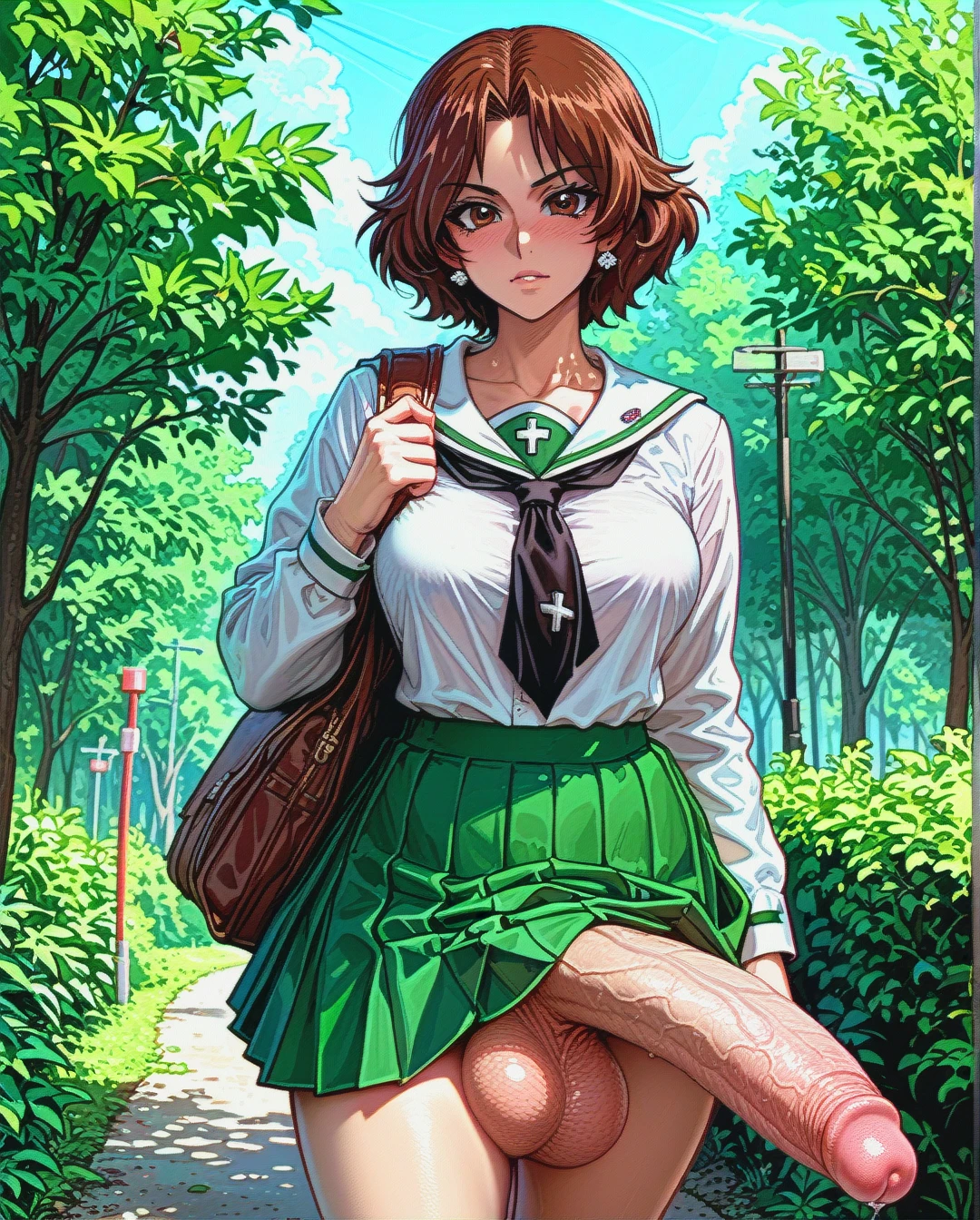 futanari, @akiyama_yukari dense pubic hair,  hyper big penis, big balls, massive penis, thick penis, solo, school uniform, lifts the skirt