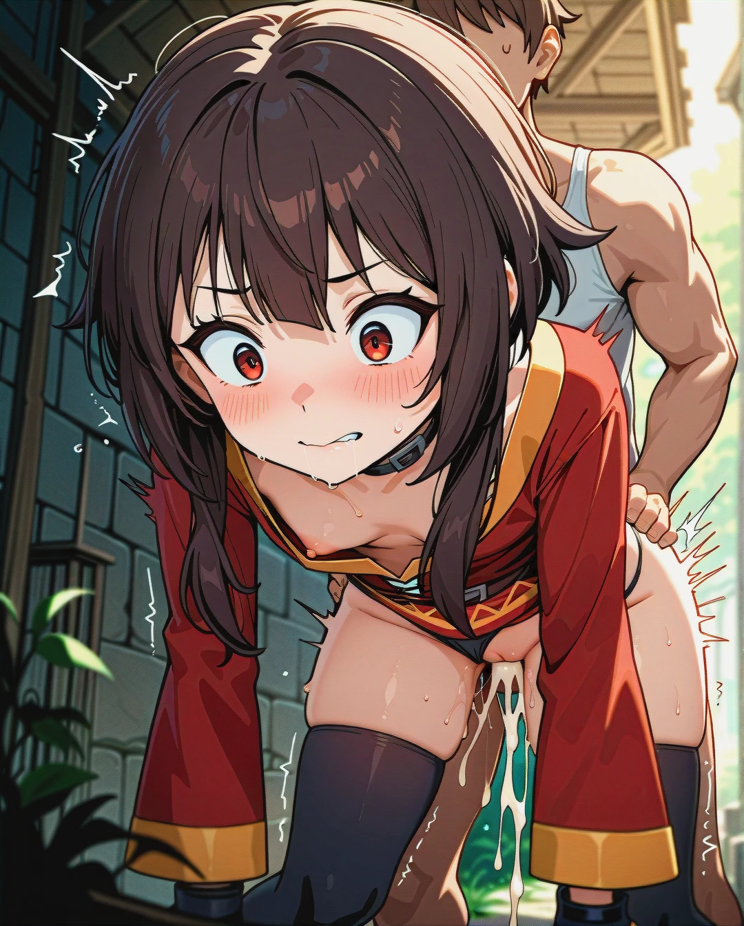 @megumin, black panties, clothed, (nipple_slip) outside, rocky surroundings, doggy style, (cumdrip), creampie sex, (surprised), lip biting, leg  shaking, bent over, wet pussy, on her knees