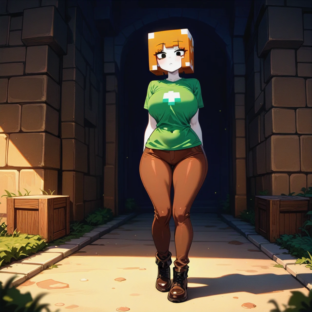 1girl,@alex_(minecraft),slim fit,pale skin,curvy,voluptuous,full body,green top shirt,brown pants,