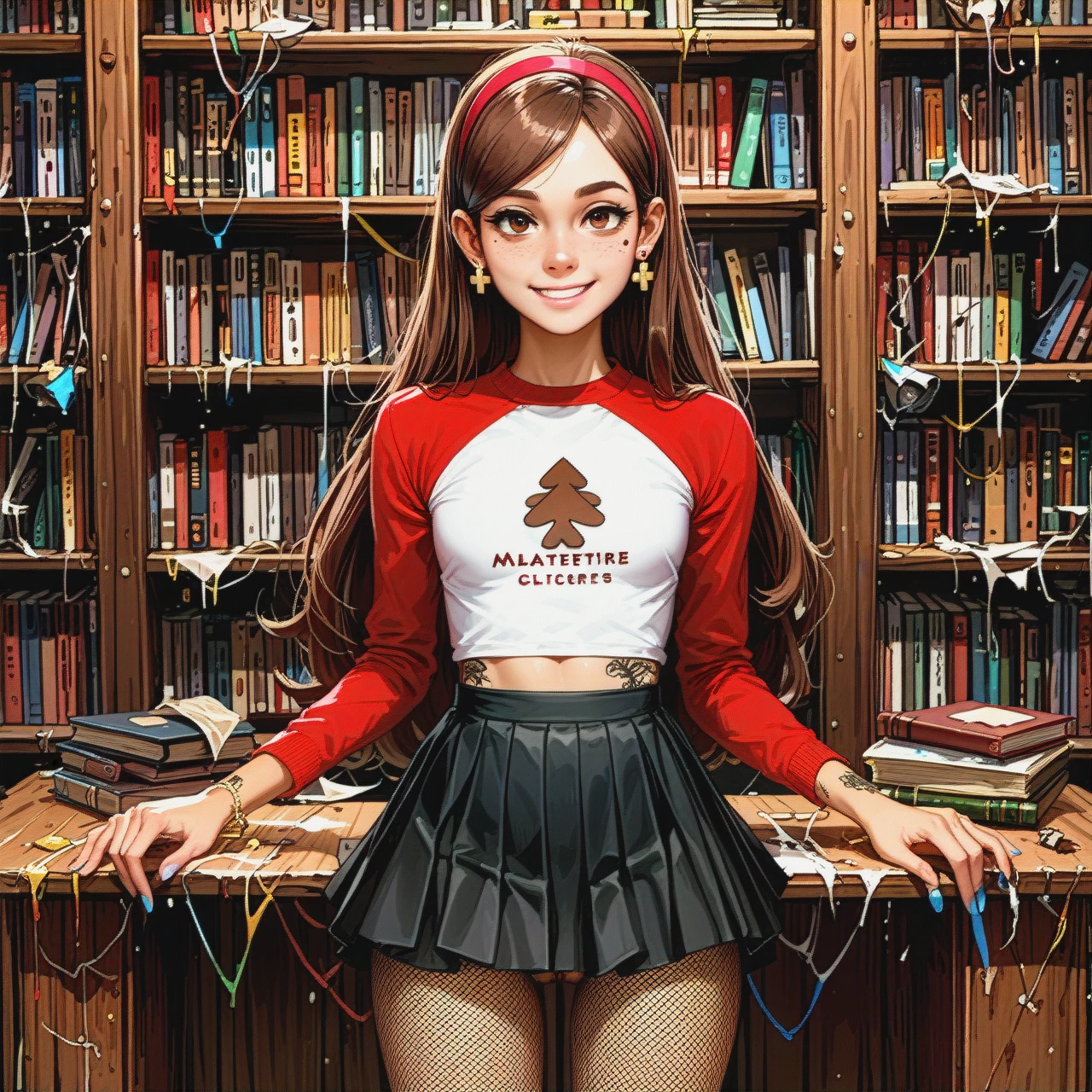 @mabel_pines, tan skin, petite, tattoos, flat chest, brown hair, bob hairstyle, piercings, black skirt, black croptop shirt, fishnet leggings, early 20s, smiling, cute, full body, library, (hair_tucking), (skirt_lift), swollen pussy