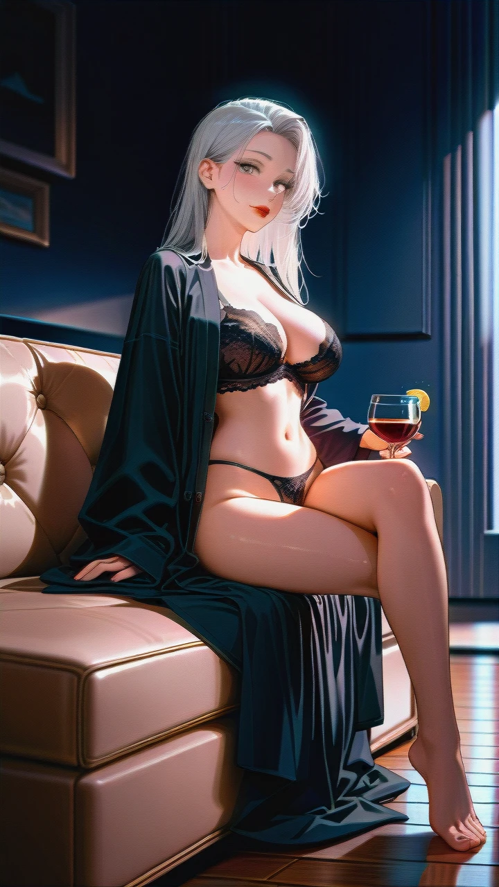 30 years old sexy woman, (black mid size hair), model face, red lips, slim waist, long legs, grey eyes, ((black unbuttoned bath robe)), black lace thong, black lace bra, living room, night, dark lighting, sit on sofa, drink wine, ultra hd, 4k, ultra detailed, one foot on the other, half side view