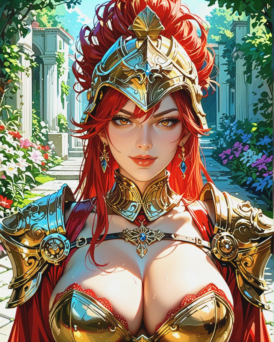 Voluptuous milf warrior in garden red, red hair woman, golden armor, cleavage, naughty face, helmet,