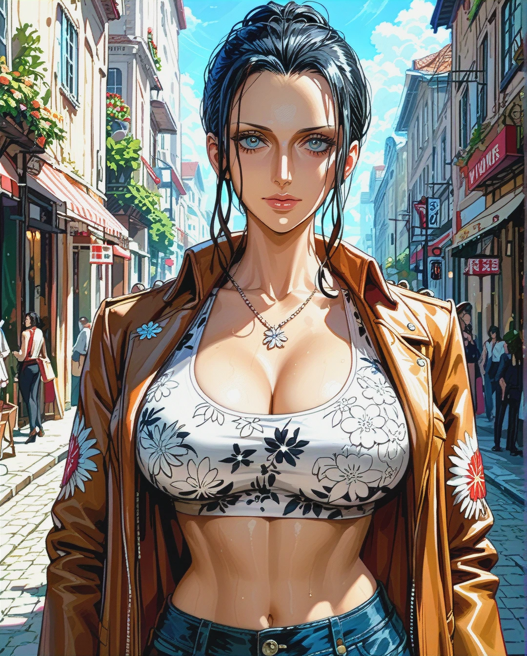 Nico Robin, mature, pulled back hairstyle,   jacket attack on titan show her singled crop top floral , rooftop