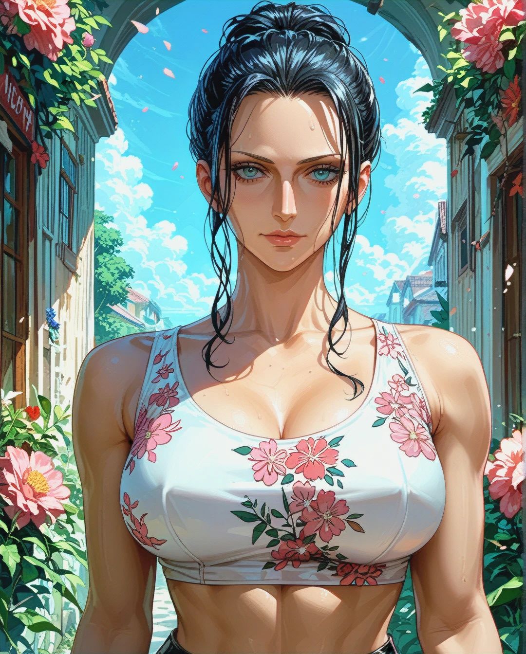 Nico Robin, mature, pulled back hairstyle,   attack on titan ,crop top pink floral