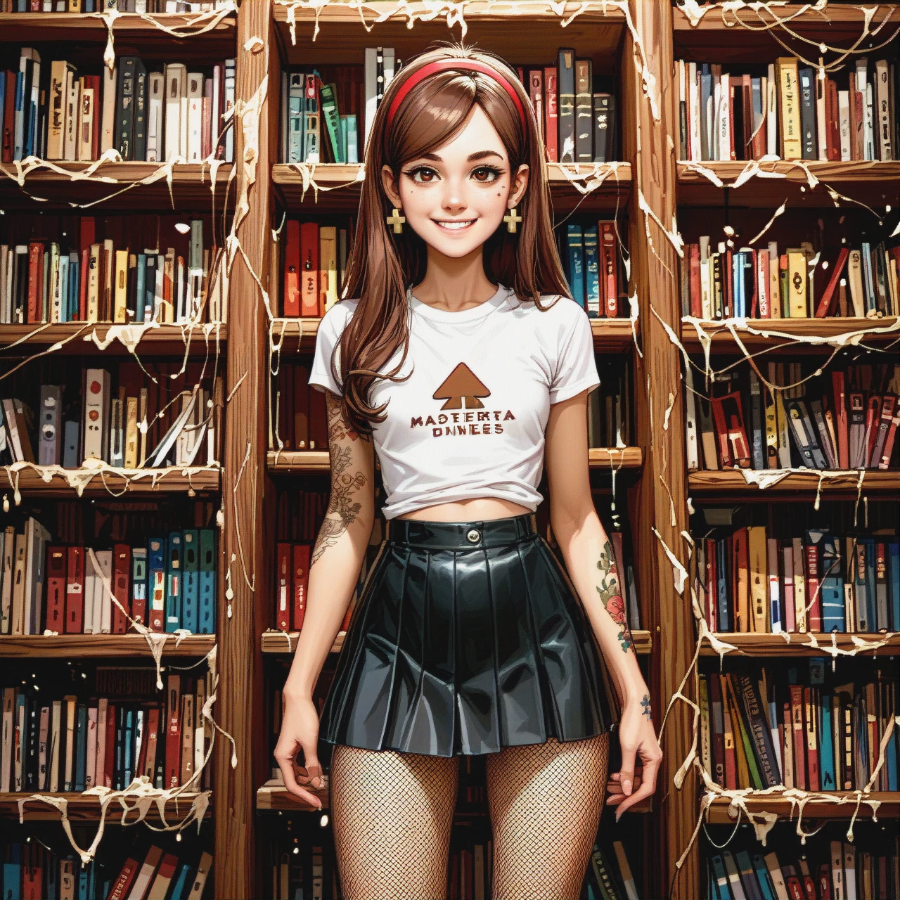 @mabel_pines, tan skin, petite, tattoos, flat chest, brown hair, bob hairstyle, piercings, black skirt, black croptop shirt, fishnet leggings, early 20s, smiling, cute, full body, library, (hair_tucking)