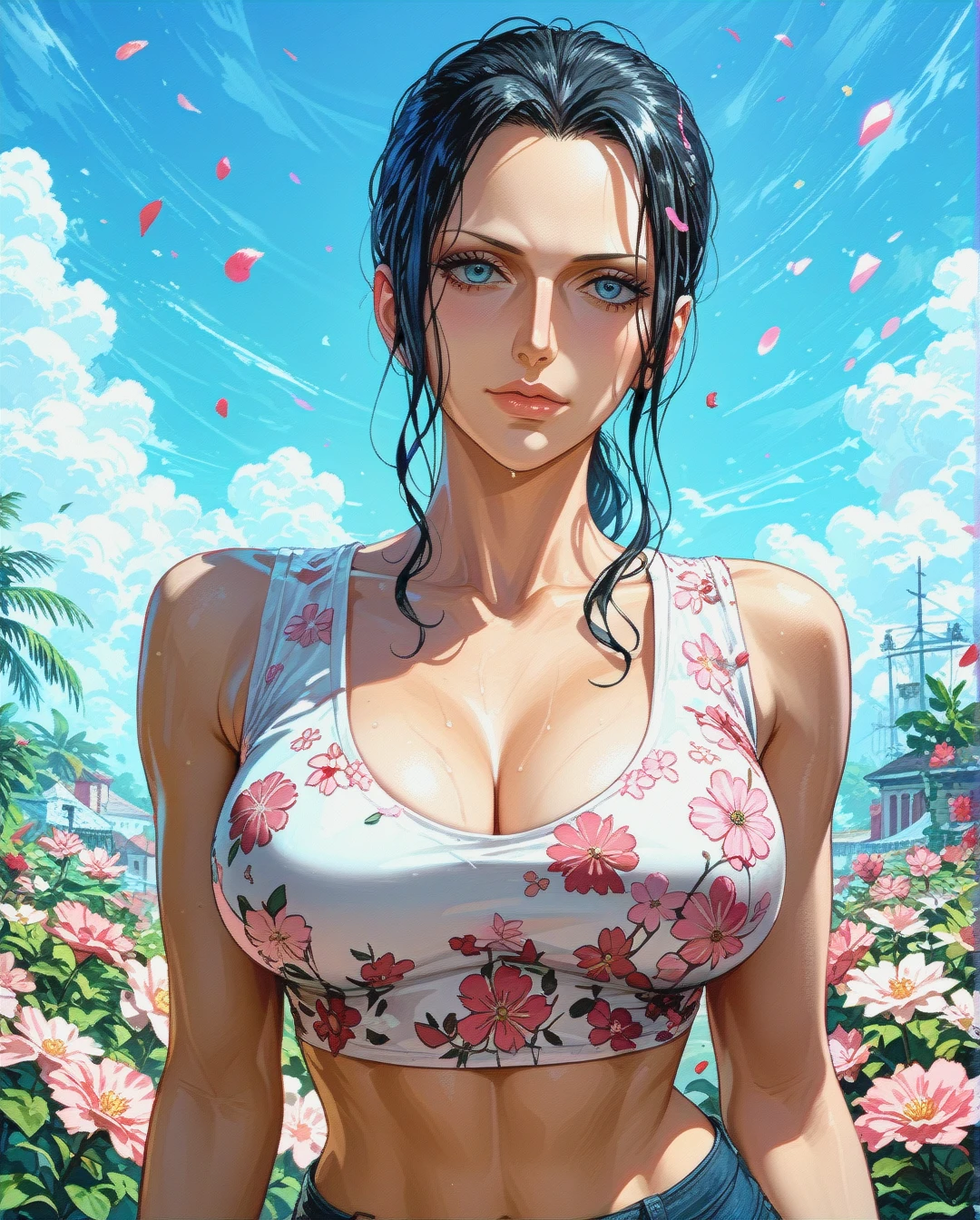 Nico Robin, mature, pulled back hairstyle,   attack on titan ,crop top pink floral