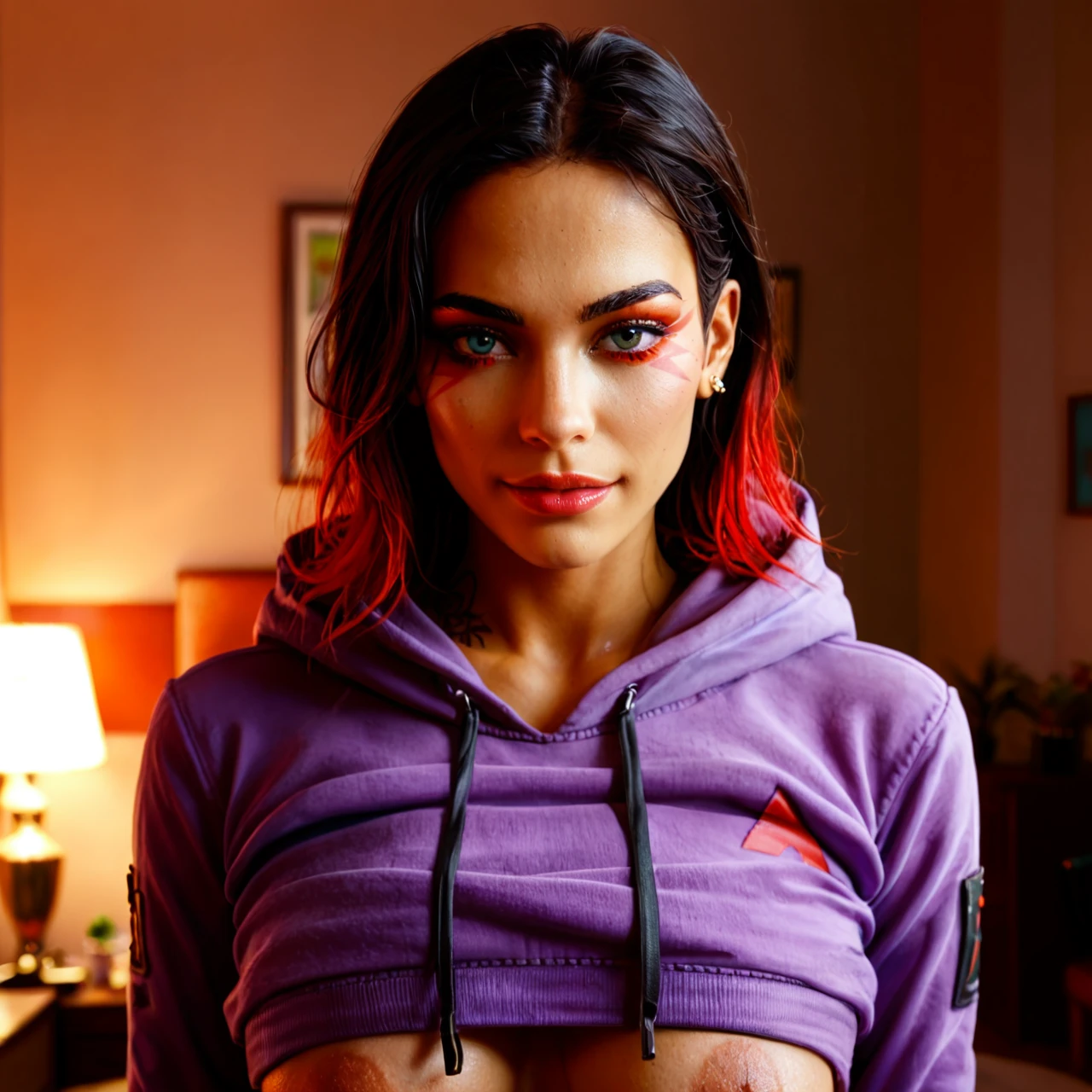 1girl, solo, upper body, front view, standing, looking at viewer, seductive smile, blue eyes, black hair, long straight hair, medium hair, white skin, crop purple hoodie, large breasts, sexy body, Apex Legends, Loba, luxury hotel room, indoors