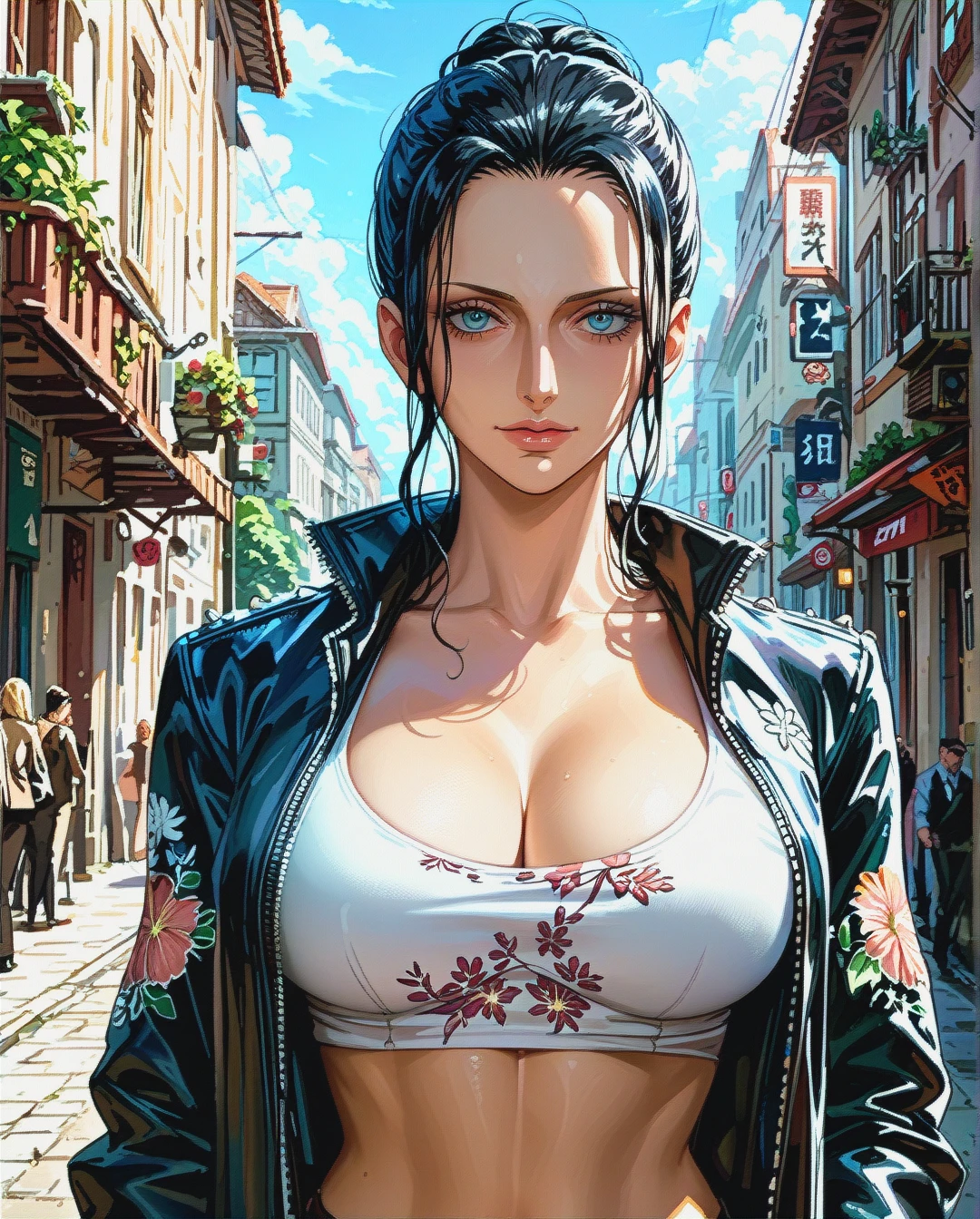 Nico Robin, mature, pulled back hairstyle,   jacket attack on titan show her singled crop top floral , rooftop