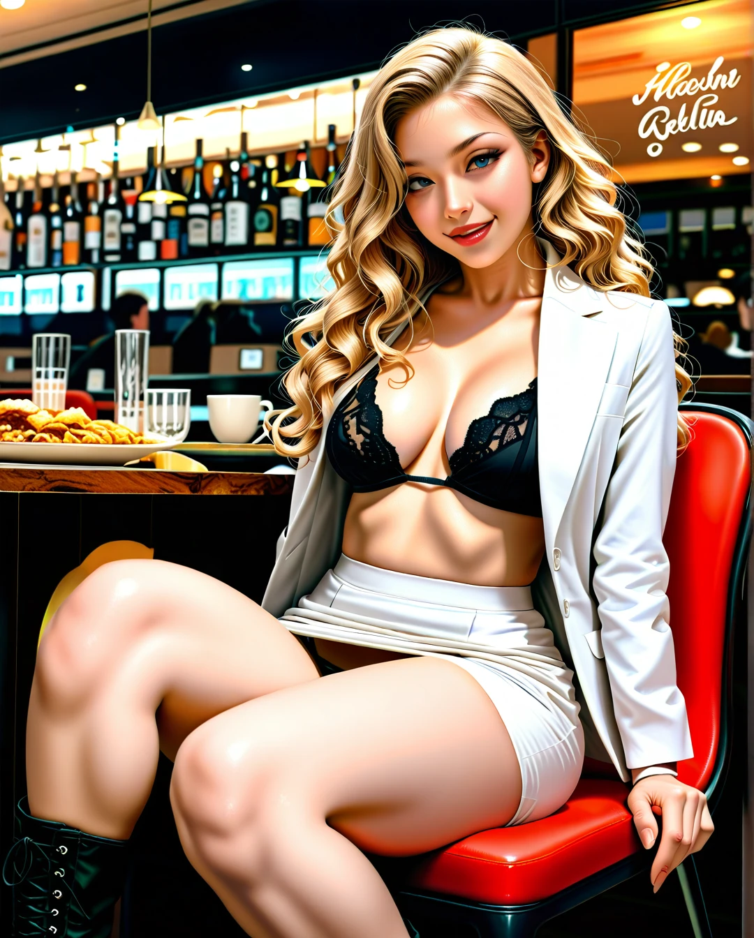 1 girl, blonde, beautiful, long-wavy hair, caucasian, sexy body, thin body, tall body, medium breast,  white business women's suit, white miniskirt, black bra, black high-boots, sitting on the chair, crowded restaurant, flirting, revealing g-string secretly