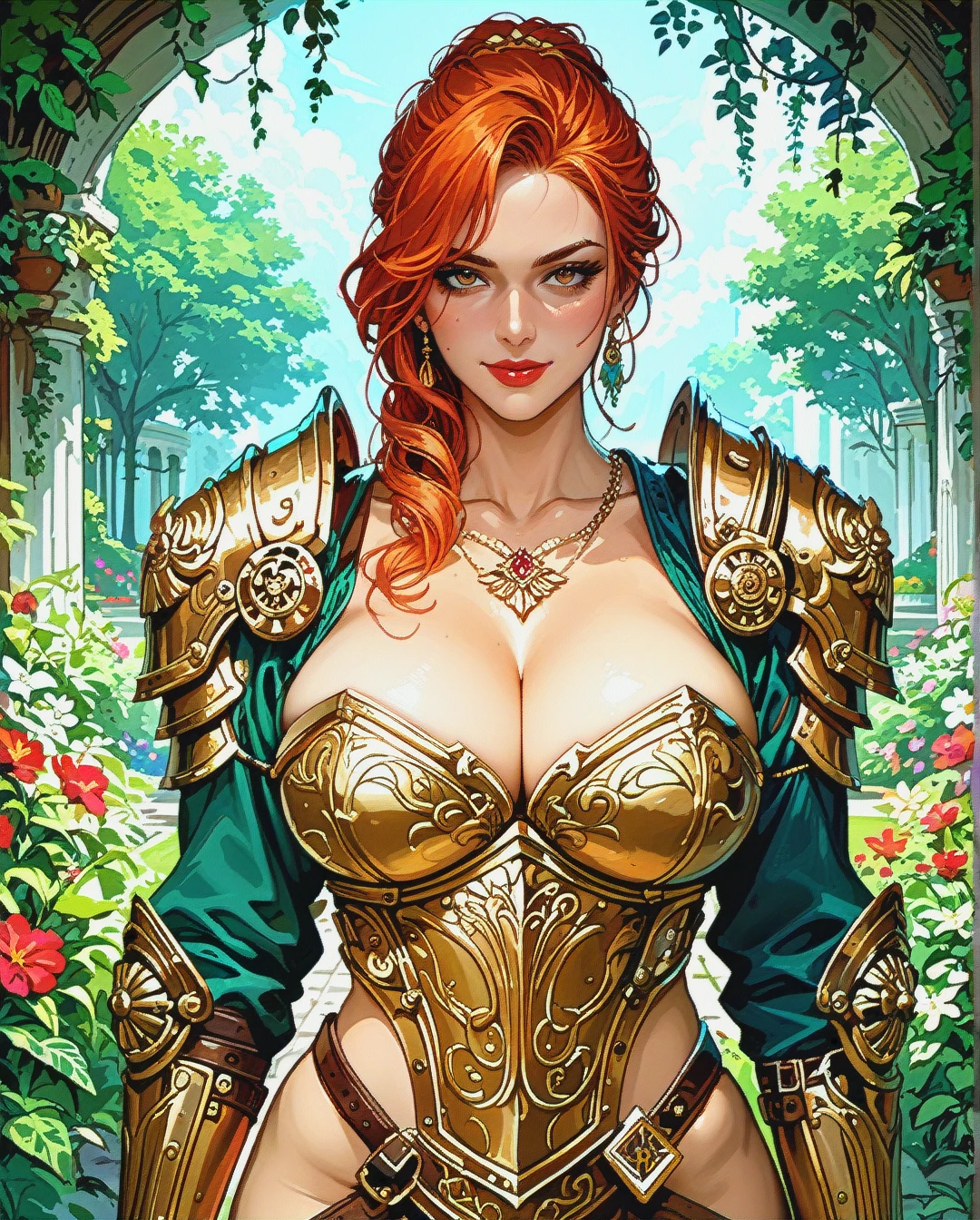 Voluptuous milf warrior in garden red, redhead woman, golden armor, cleavage, naughty face, helmet,