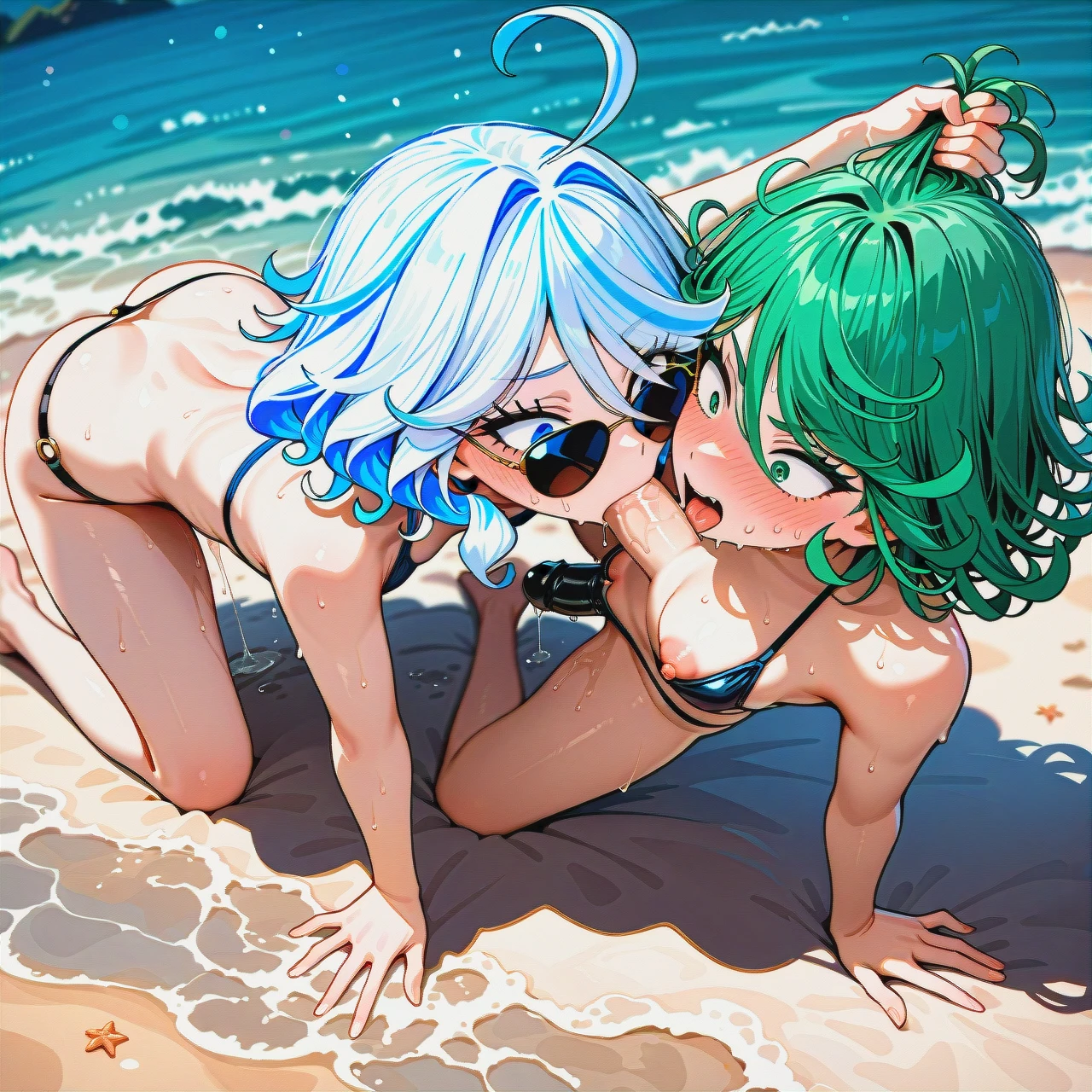 Tatsumaki and furina , high resolution, extreme detail, (happy) ,strap-on, strap-on oral fuck  (skinny) ,(nipple_slip), , swimsuit,on beach , bikkini, hair grab , (from_above), (all_fours), , open pussy,   ,, sweating ,  (leaning), , 2 girls, (bisexual_female), (irrumatio), , (Pussy_juice) ,  cooperative,(dutch_angle)   (surprised) sunglasses,  (full_body), (full_blush)