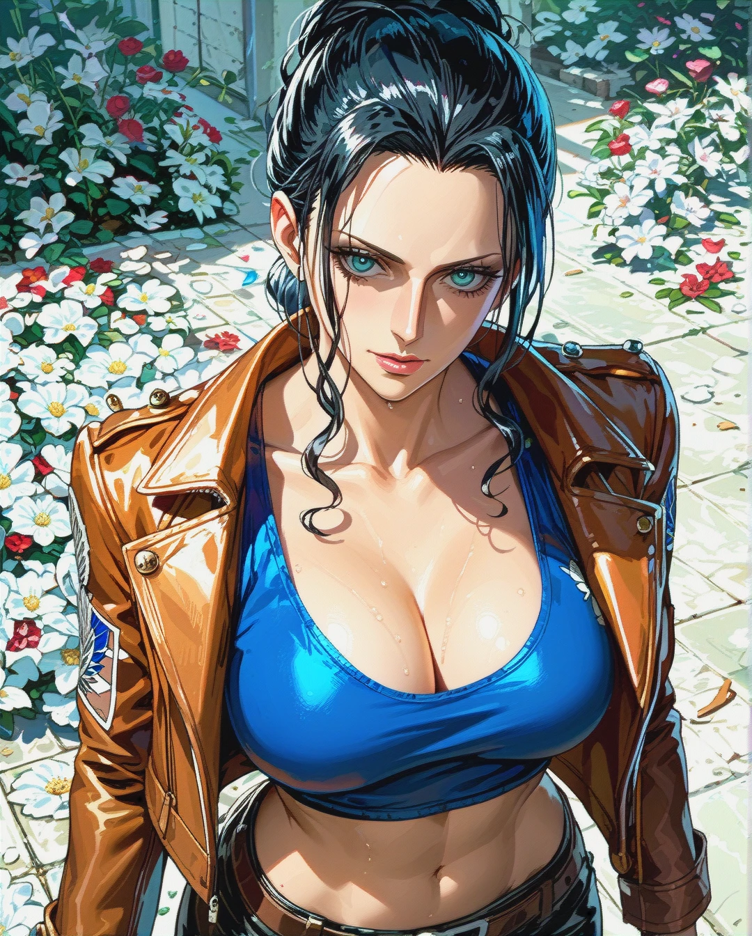 Nico Robin, mature, pulled back hairstyle,   jacket attack on titan show her singled crop top floral