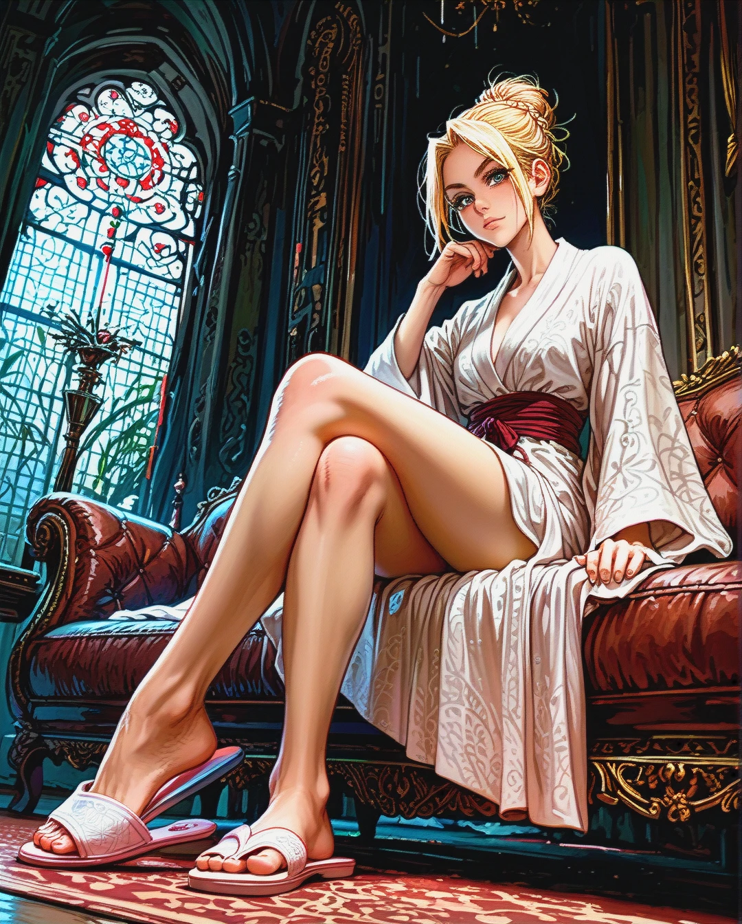 1girl, solo, blonde, hair bun, robe, slippers, (skinny), (raised_eyebrow), (sitting) on couch, (crossed_legs), shoe dangle, (looking_at_viewer), (from_below), (full_body)