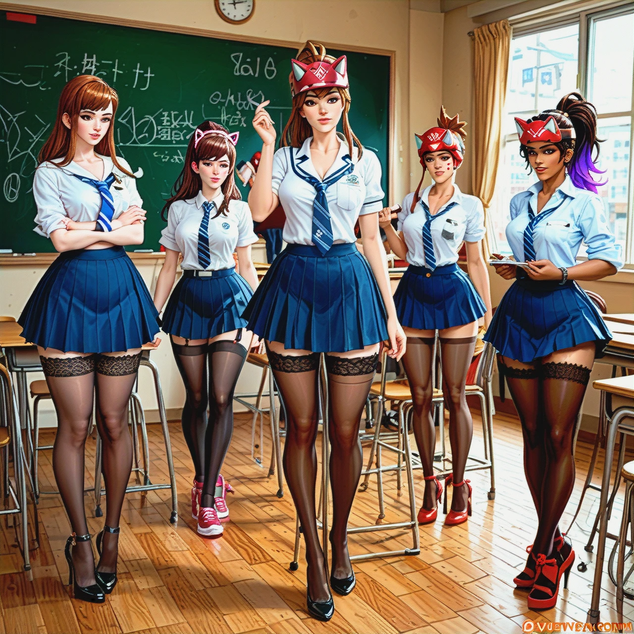 @d.va @tracer @sombra @kiriko @brigitte school (classroom) (schoolgirl) stockings  heels (full_body)  (hand_on_own_face)