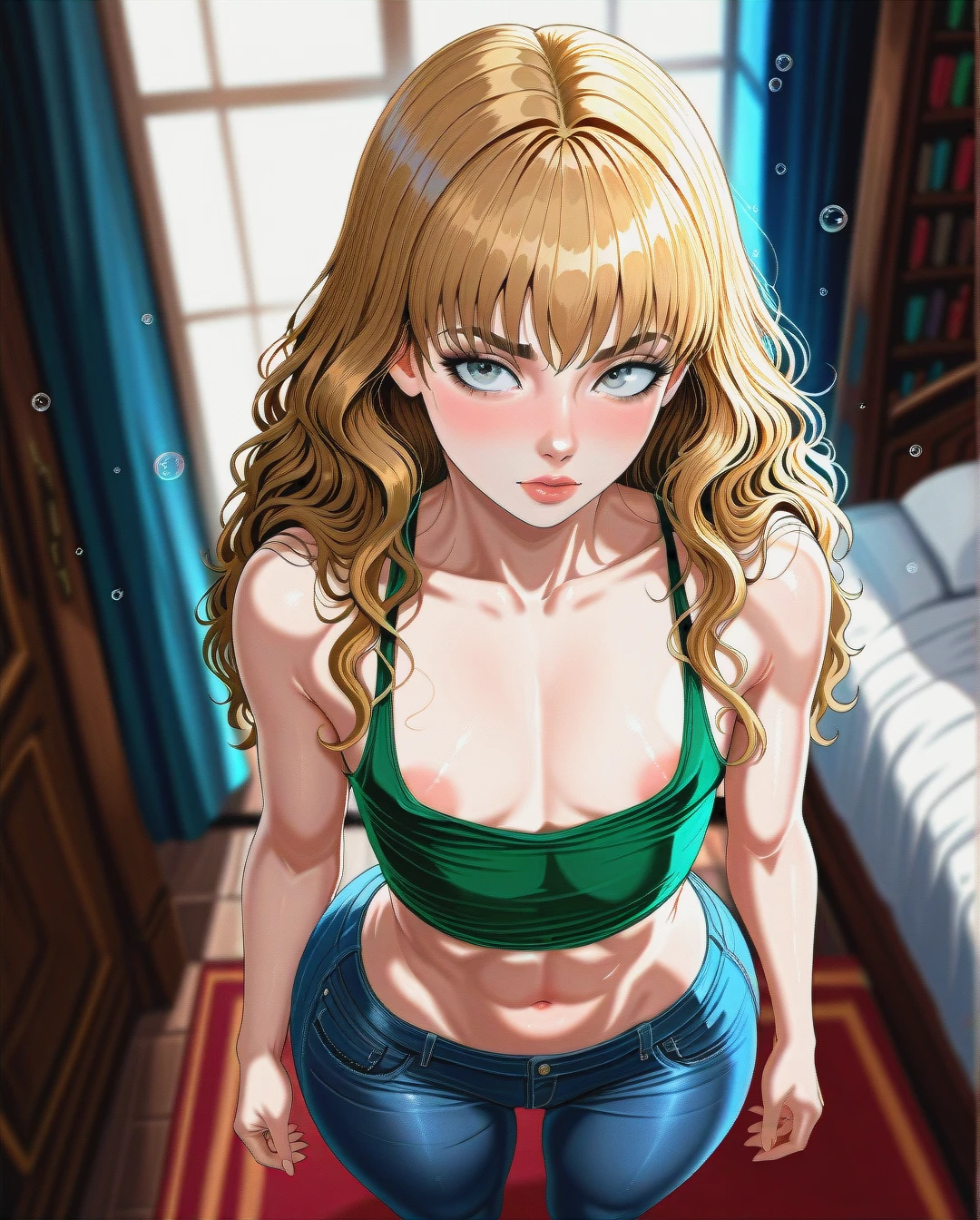 Shadman Pinup Style, @hermione_granger, (full_body), (flat_chest), bedroom,  (looking_up), (skinny), (from_above)  Front view, (light_areolae), (areola_slip), green croptop shirt, and blue jeans, (full_body) (standing), (blonde hair), ((bubble butt))