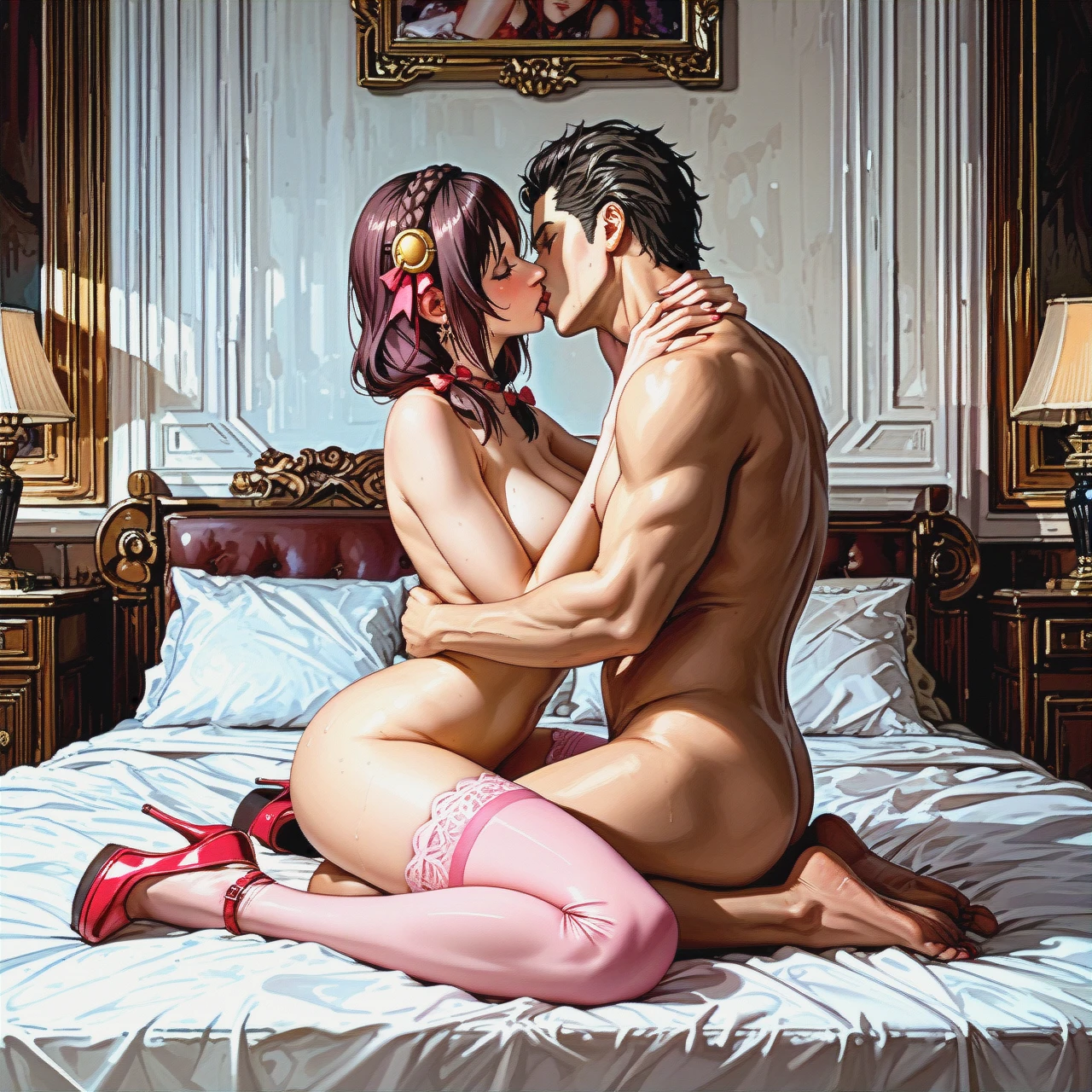 @yunyun, naked, pink stockings, high heels, kissing a guy sitting on the bed, guy has an erection, bedroom.