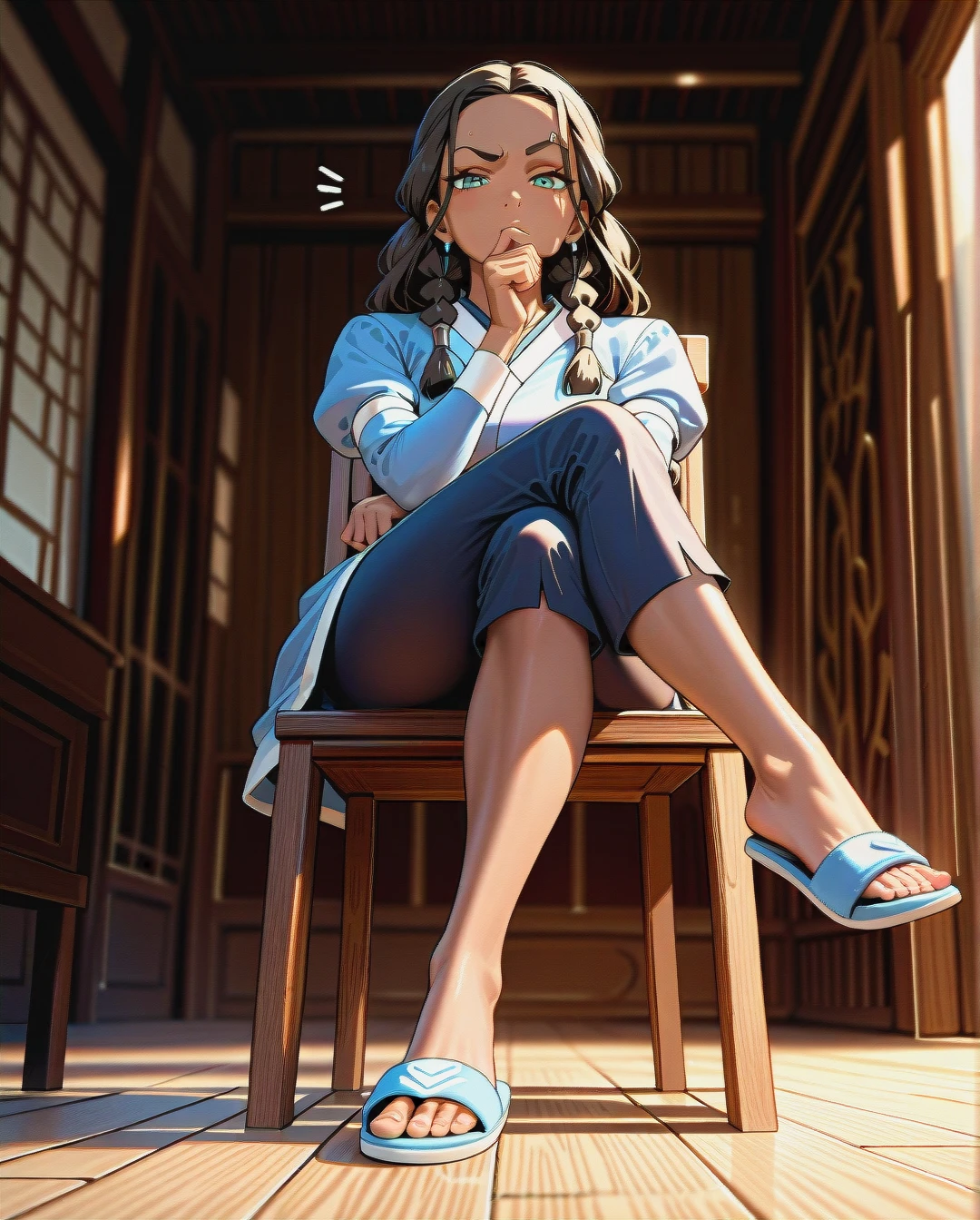 1girl, solo, @katara, full clothes, slippers, (raised_eyebrow), (thinking), (sitting) on chair, (crossed_legs), feet tease, dangling shoes, (looking_at_viewer), (full_body), (from_below)