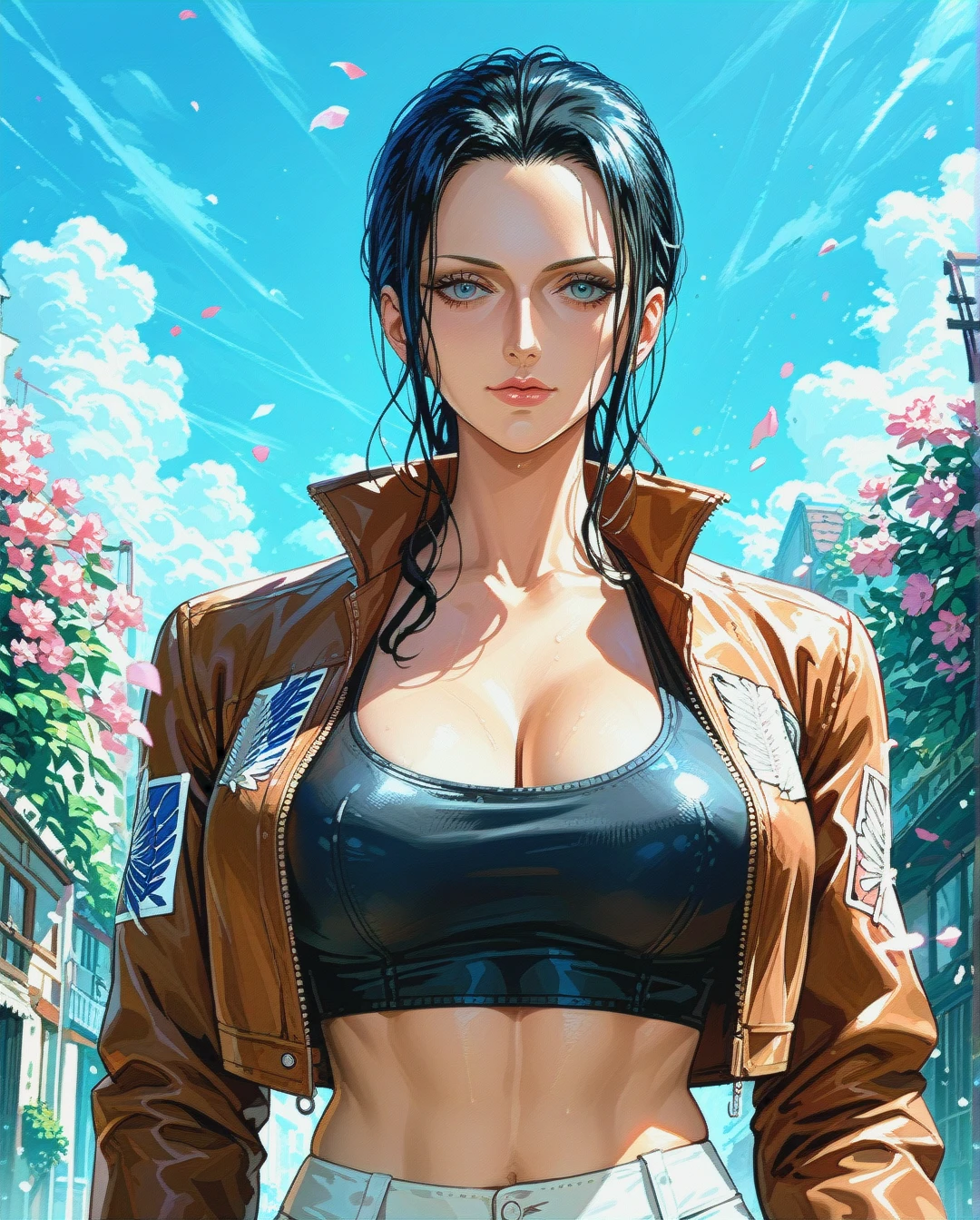 Nico Robin, mature, jacket  attack on titan sexy,crop top floral pink