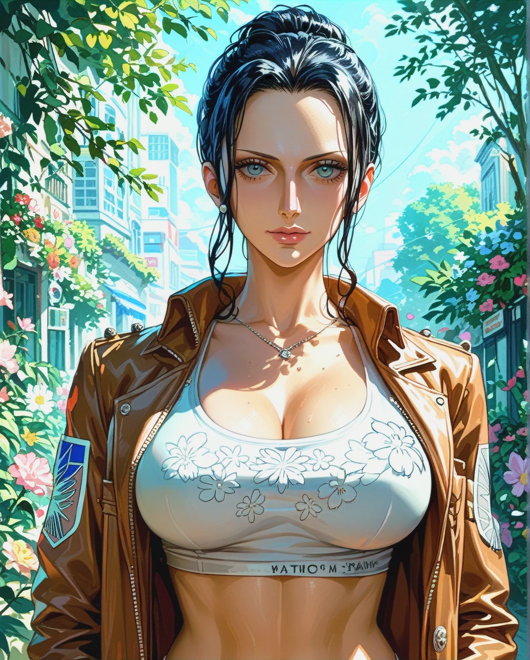 Nico Robin, mature, pulled back hairstyle,   jacket attack on titan show her singled crop top floral