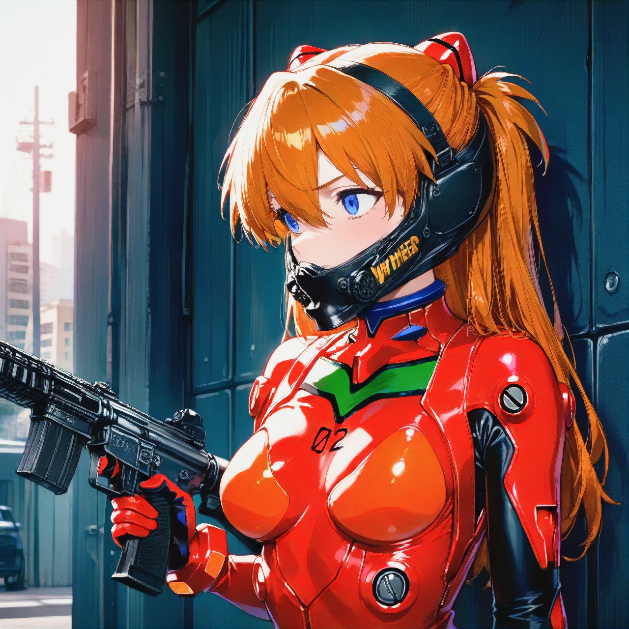 (((without helmet))), Asuka Langley, m16 with silencer in hand, rifle in hands