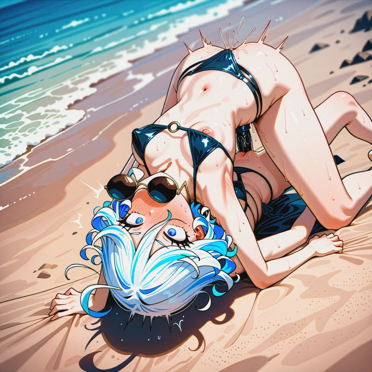 Tatsumaki and furina , high resolution, extreme detail, (happy) ,strap-on, strap-on oral fuck  (skinny) ,(nipple_slip), , swimsuit,on beach , bikkini, hair grab , (from_above), (all_fours), (spread_legs), open pussy,   ,, sweating ,  oral, , 2 girls, (bisexual_female), (irrumatio), , (Pussy_juice) ,  cooperative,(dutch_angle)   (surprised) sunglasses,  (full_body), (full_blush)