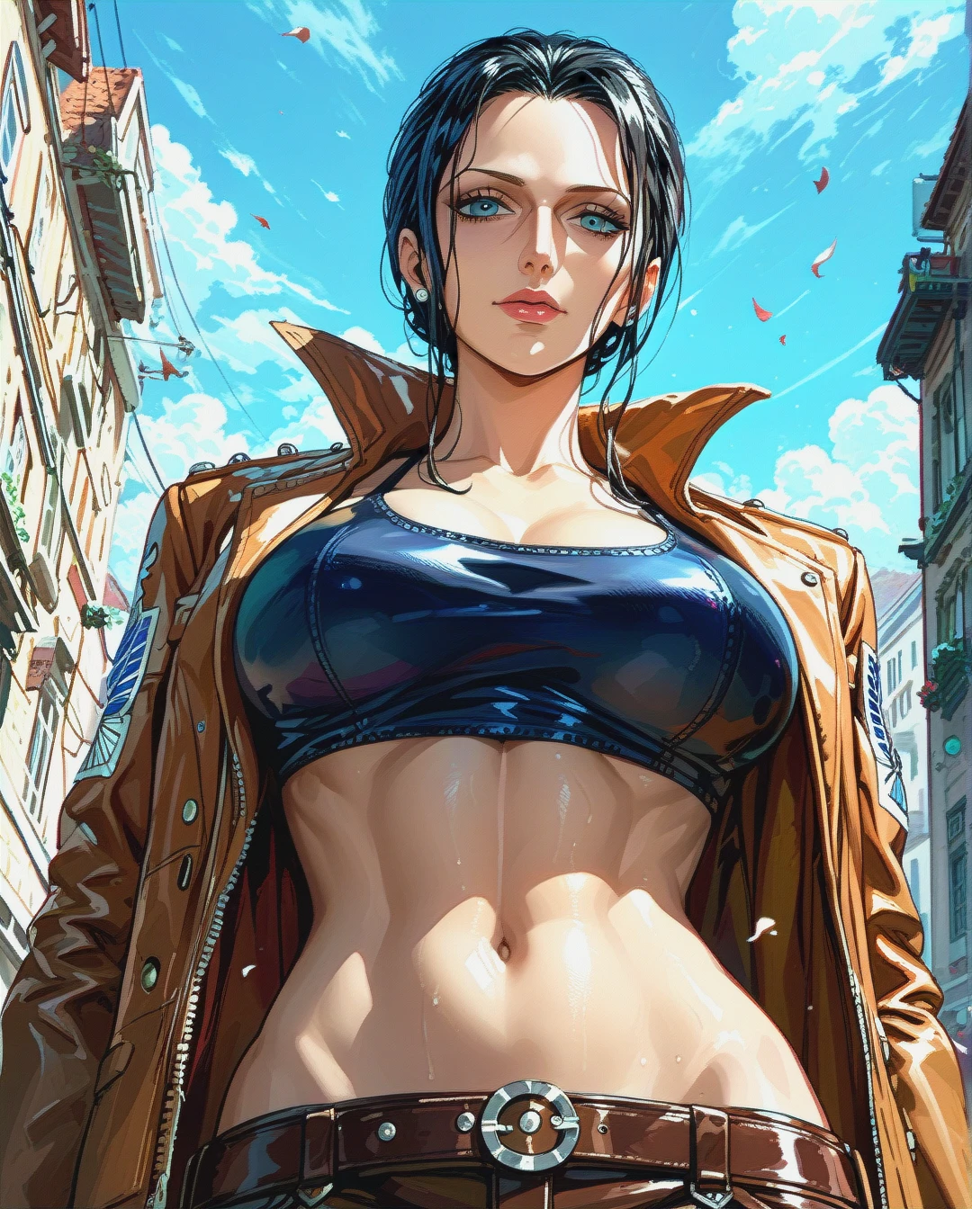 Nico Robin, mature, pulled back hairstyle,   jacket attack on titan show her singled crop top floral