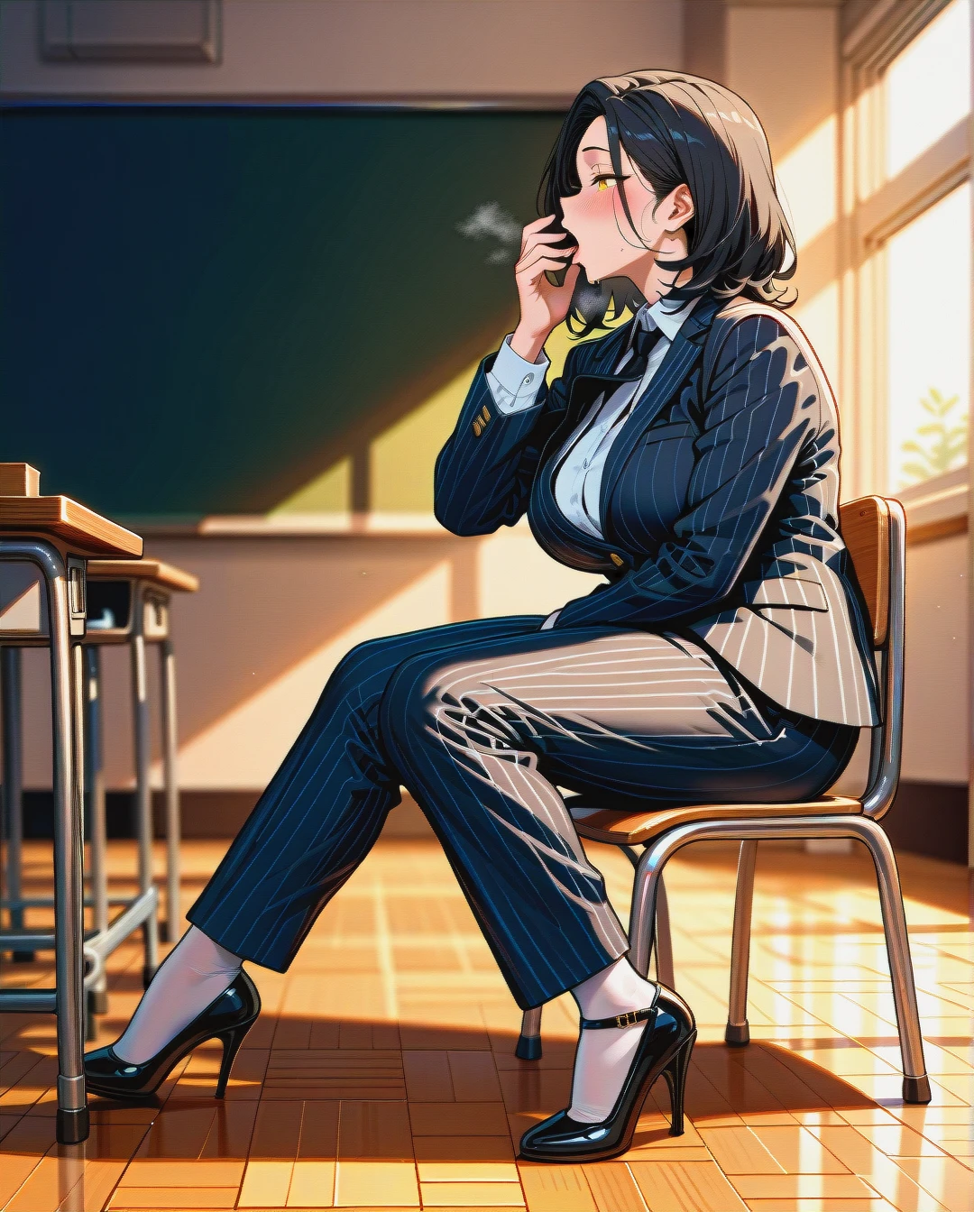 (futanari) (fat) (mature_female), (high heel worship), black medium hair, yellow striped buttoned-up suit, black tie, white shirt, yellow striped floor-length trousers, white stockings, black high heel pumps, classroom, sitting on a desk