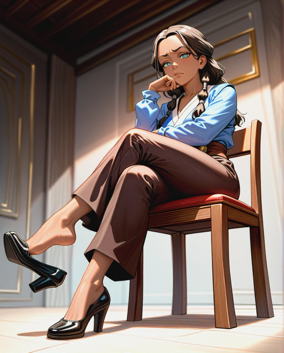 1girl, solo, @katara, full clothes, (raised_eyebrow), (thinking), (sitting) on chair, (crossed_legs), shoe dangle, dangling shoes, (looking_at_viewer), (full_body), (from_below)