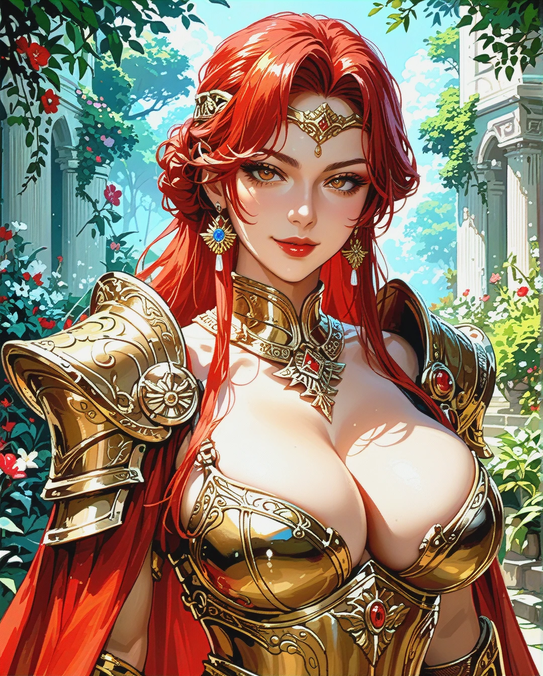 Voluptuous milf warrior in garden red, red hair woman, golden armor, cleavage, naughty face, helmet,