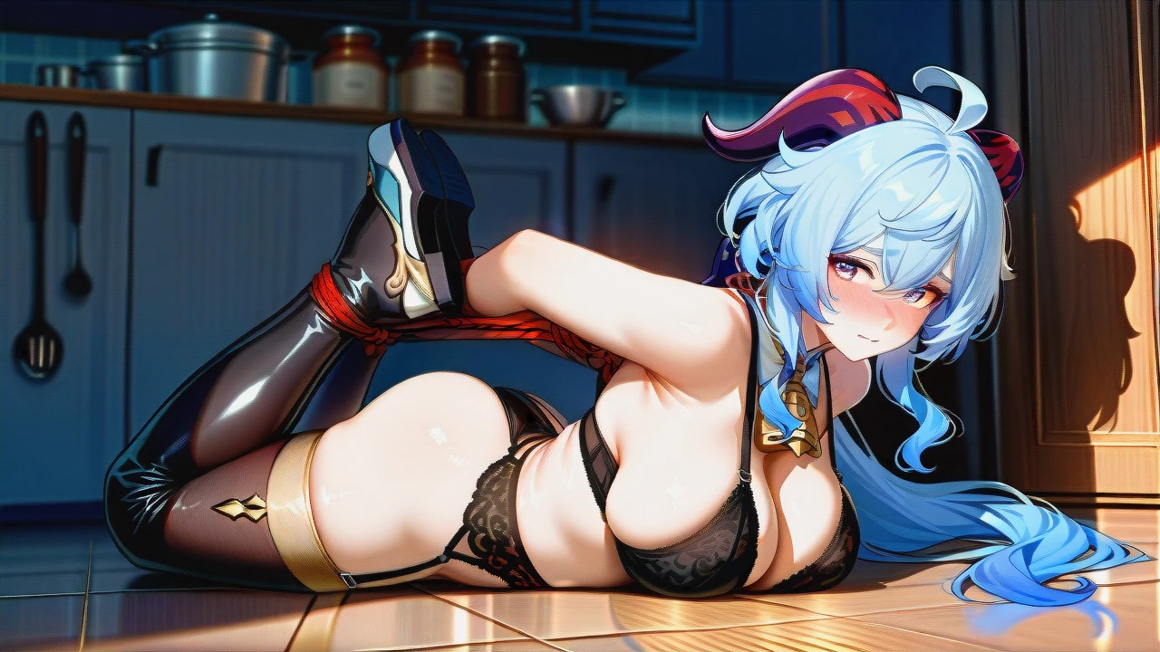 2girl, , , , nose blush,foot,big breasts,large breast,bare shoulders, china dress,gold stockings,garter belt,undersized bra,black sneakers, tight jeans,thighhighs,hogtied,black bra,thigh boots, kitchen, sunny in forest, cyberpunk, @ganyu @shenhe