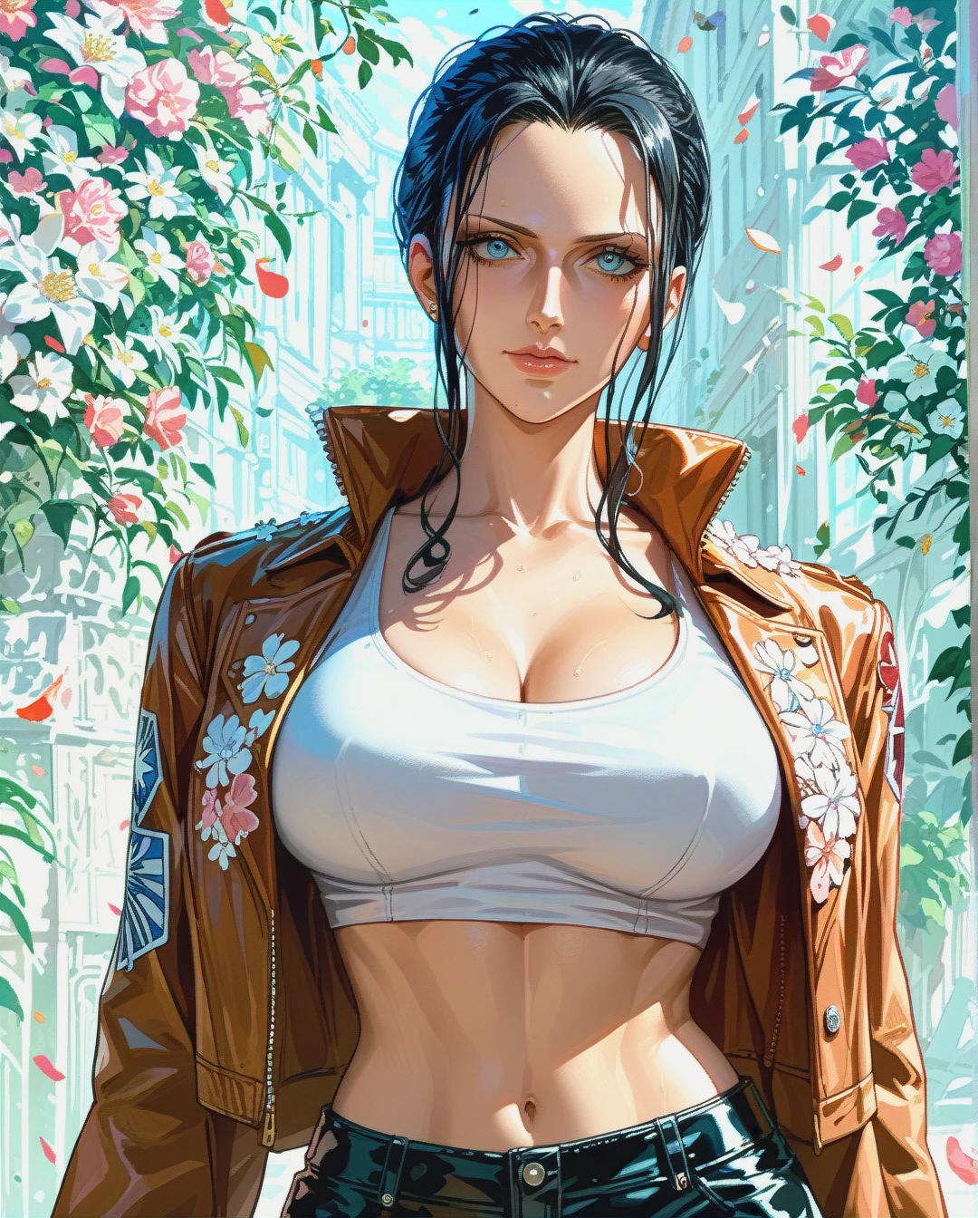 Nico Robin, mature, pulled back hairstyle, jacket  attack on titan sexy,crop top floral pink