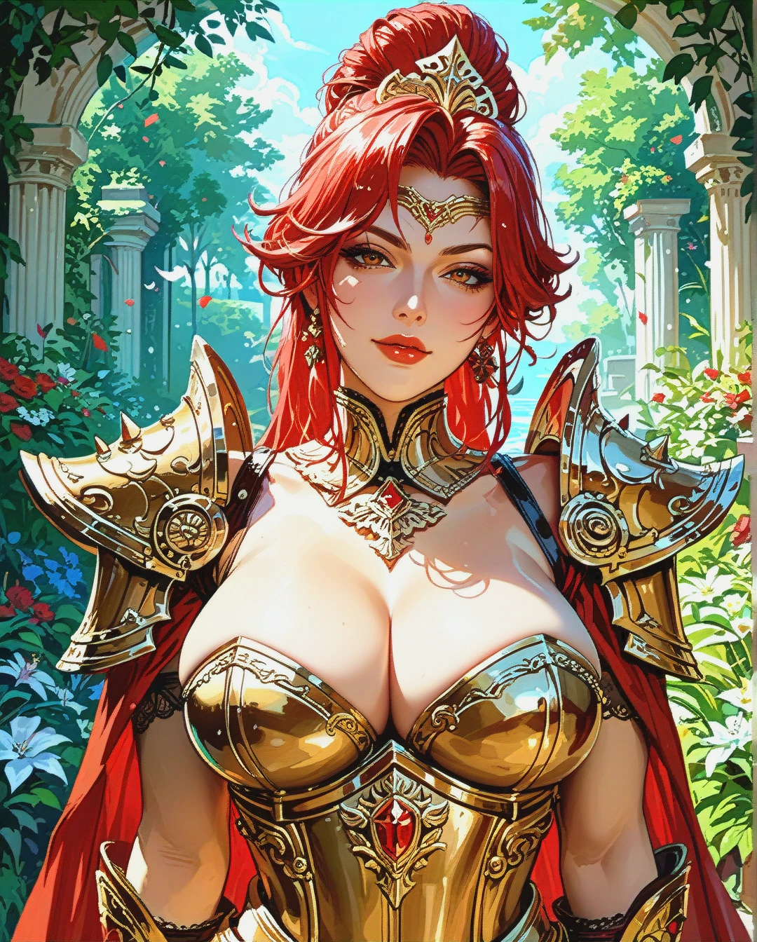 Voluptuous milf warrior in garden red, red hair woman, golden armor, cleavage, naughty face, helmet,