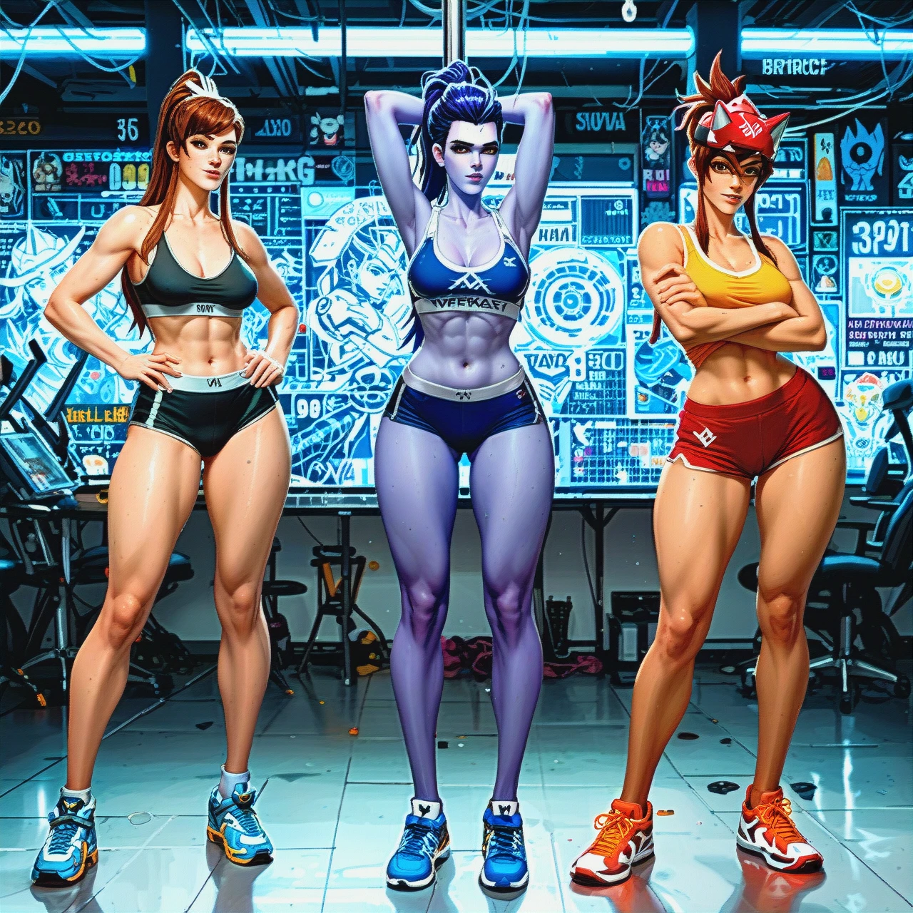 @widowmaker @tracer @sombra @kiriko @brigitte gym sportswear sneakers (full_body)  (stretching) (undressing)