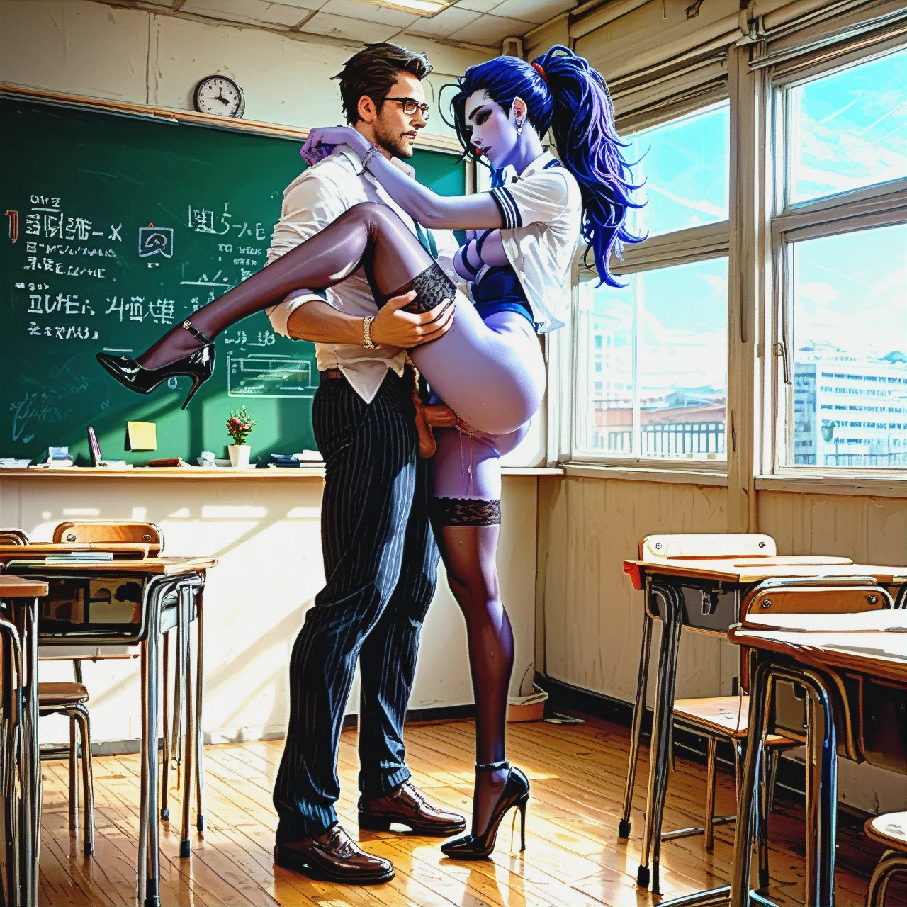 @widowmaker school classroom schoolgirl black stockings heels (undressing) (standing_on_one_leg) blue skin (vaginal) (sex)