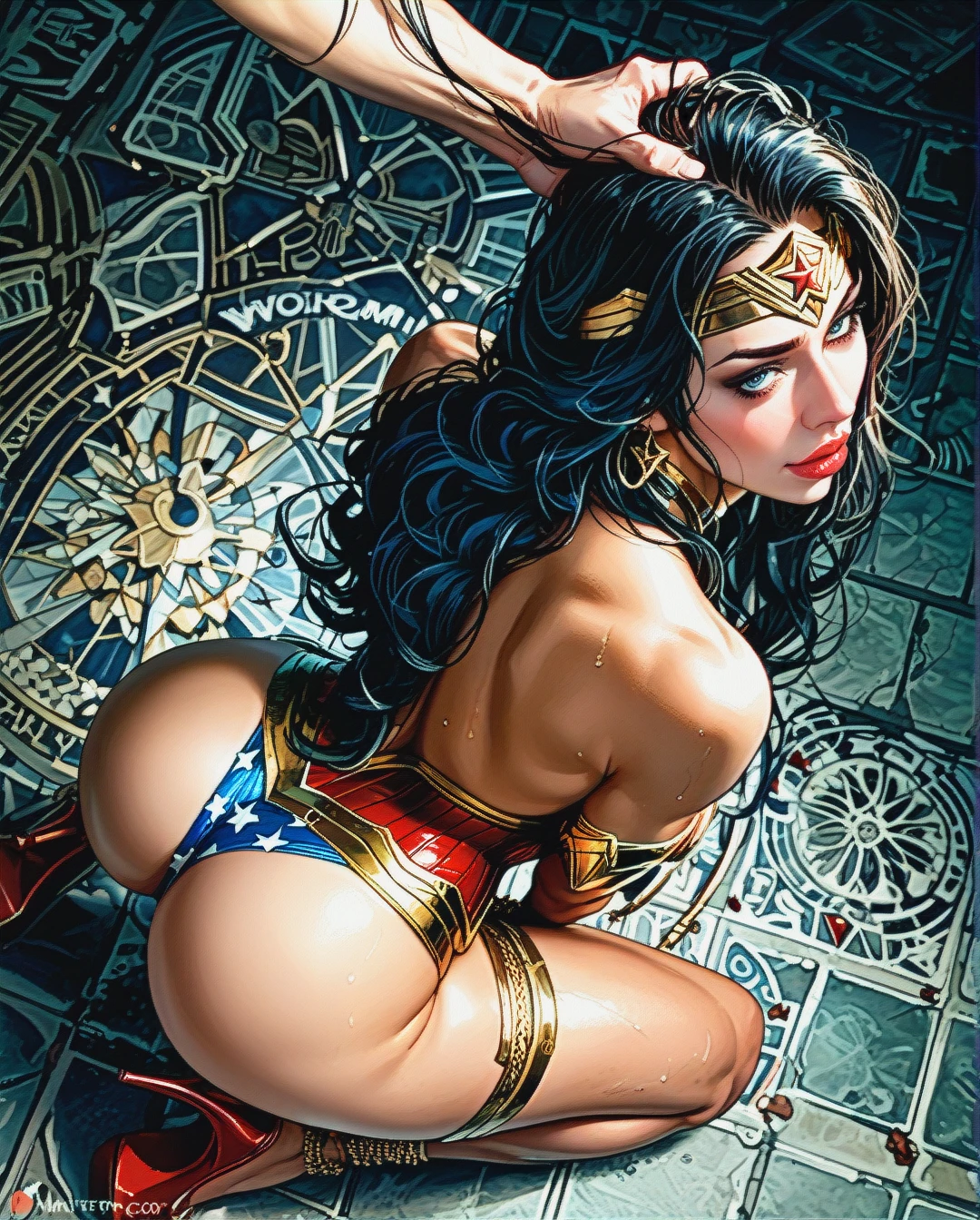 Photo Realistic Portrait of Wonder Woman, Slave Eyes, Sex Slave, thick lips, (kneeling), Whore, (bent_over), ass Showing, getting fucked by Aquaman,  sex, holding hair, waist chain, thick sexy legs, sexy tight ass, fishnet garter, back view.