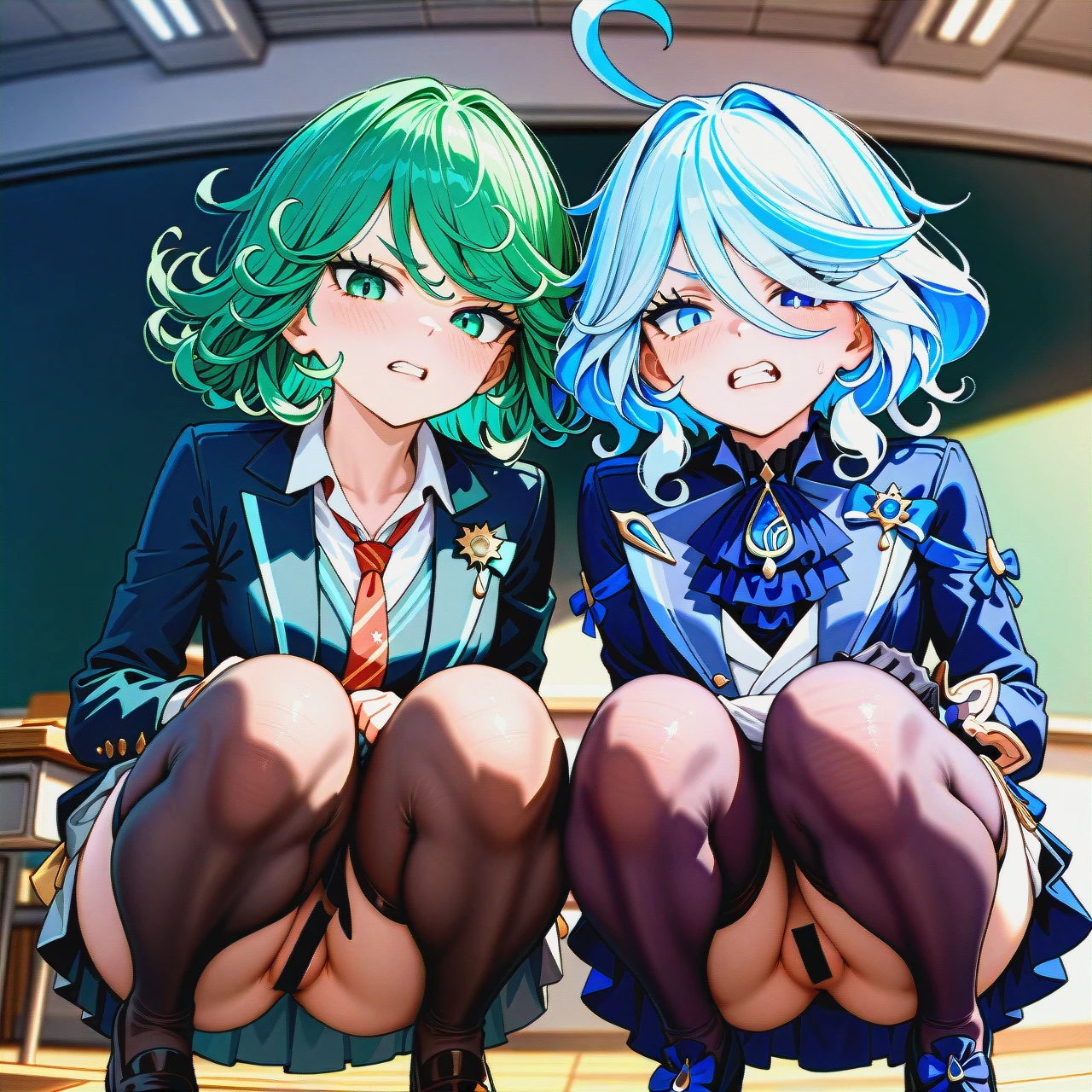 Tatsumaki and furina  ,@furina, @tatsumaki, ,  high resolution, extreme detail,  (skirt_lift),  (teeth) (skinny)  nude, ,in classroom, looking at viewer , school outfit,stockings ,no panties,  tie (tsundere), (squatting) ,(from_below)