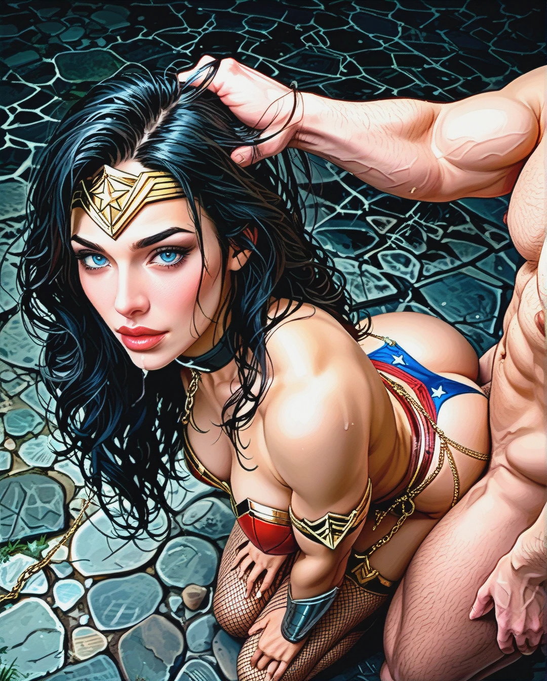 Photo Realistic Portrait of Wonder Woman, Slave Eyes, Sex Slave, thick lips, (kneeling), Whore, (bent_over), ass Showing, getting fucked by Aquaman, anal sex, holding hair, waist chain, thick sexy legs, sexy tight ass, fishnet garter.