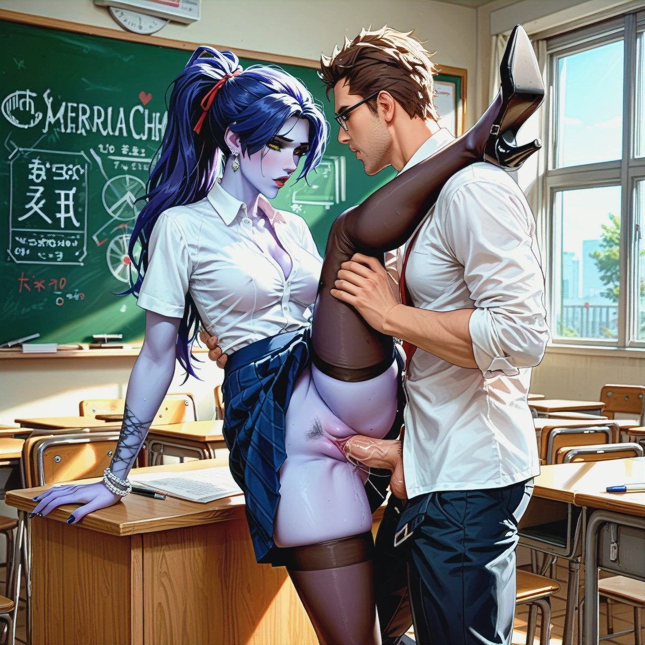 @widowmaker school classroom schoolgirl black stockings heels (undressing) (standing_on_one_leg) blue skin (vaginal) (sex) (leg_up) (anal)