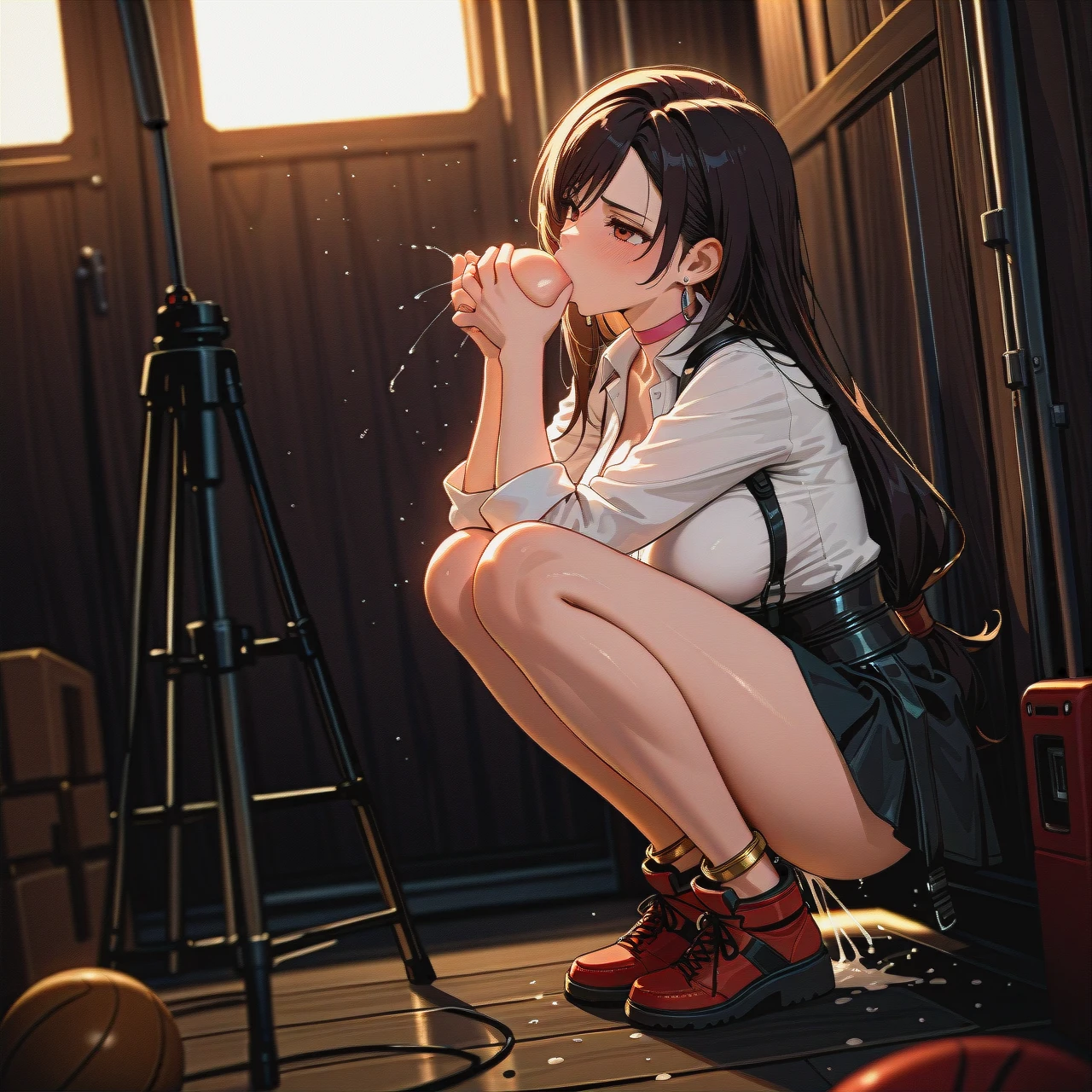 1girl,solo, a girl assfuck, ball_sucking, male_orgasm, freckled,slender_hands,interspecies, collared_shirt,gold_anklets,pink_choker,shoes, facing_camera, tifa_lockheart, ElsaXPL