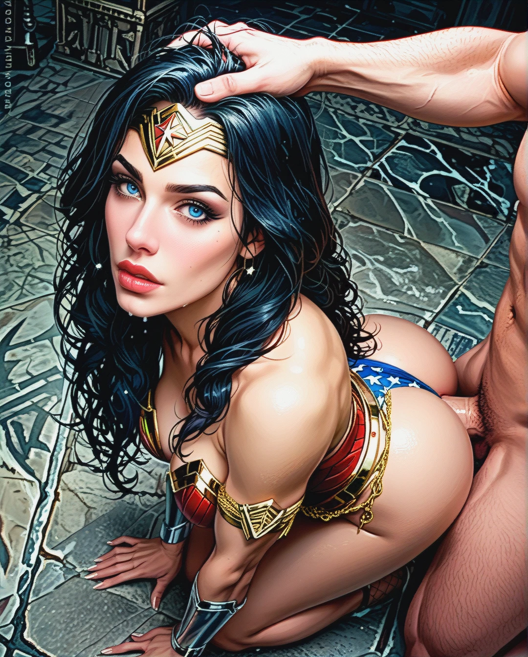 Photo Realistic Portrait of Wonder Woman, Slave Eyes, Sex Slave, thick lips, (kneeling), Whore, Eye Contact, (bent_over), ass Showing, getting fucked by Aquaman, anal sex, holding hair, waist chain, thick sexy legs, sexy tight ass, fishnet garter.