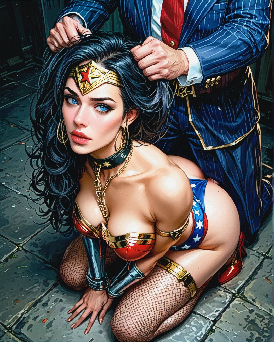 Photo Realistic Portrait of Wonder Woman, Slave Eyes, Sex Slave, thick lips, (kneeling), Whore, Eye Contact, (bent_over), ass Showing, getting fucked by Optimus Prime, anal sex, holding hair, waist chain, thick sexy legs, sexy tight ass, fishnet garter.