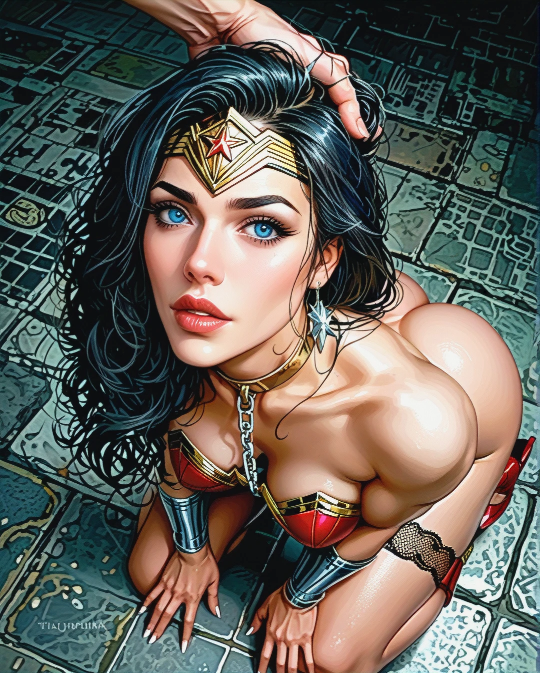 Photo Realistic Portrait of Wonder Woman, Slave Eyes, Sex Slave, thick lips, (kneeling), Whore, Eye Contact, (bent_over), ass Showing, getting fucked by Aquaman, anal sex, holding hair, waist chain, thick sexy legs, sexy tight ass, fishnet garter.