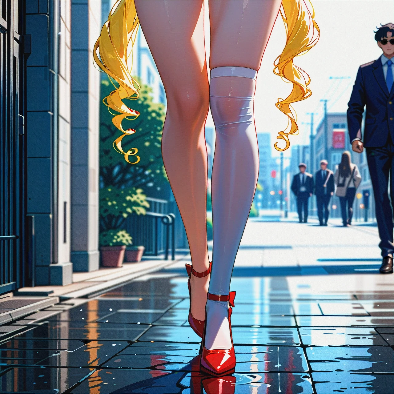 medium breasts ,horny face, heavy breathing  ,eyes roll up ,long legs, long hair, white stockings, @sailor_moon, full body, nude, (walking), on street, high heels, Red painted fingernails, no gloves, red (lipstick), (public_nudity)