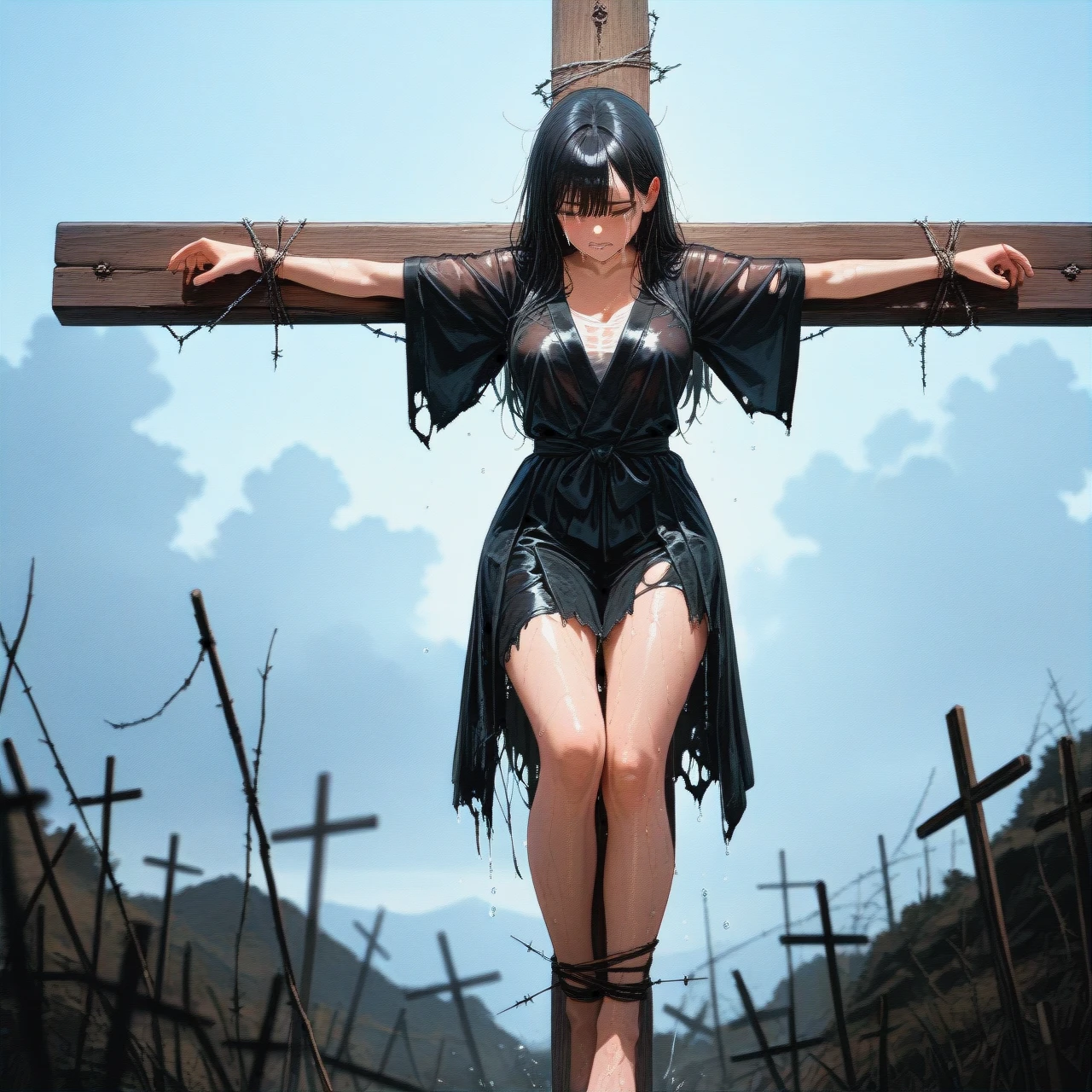 crucifixion, a girl was crucified, pain, crying, tied to a cross, hands nailed to a cross, legs tied with barbed wire, torn clothes, wet clothes, wounds on the body