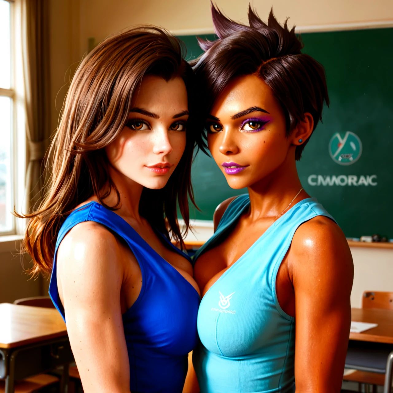 school schoolgirl classroom stokings (standing_split) (full_body) @tracer @sombra 2 girl (symmetrical_docking)