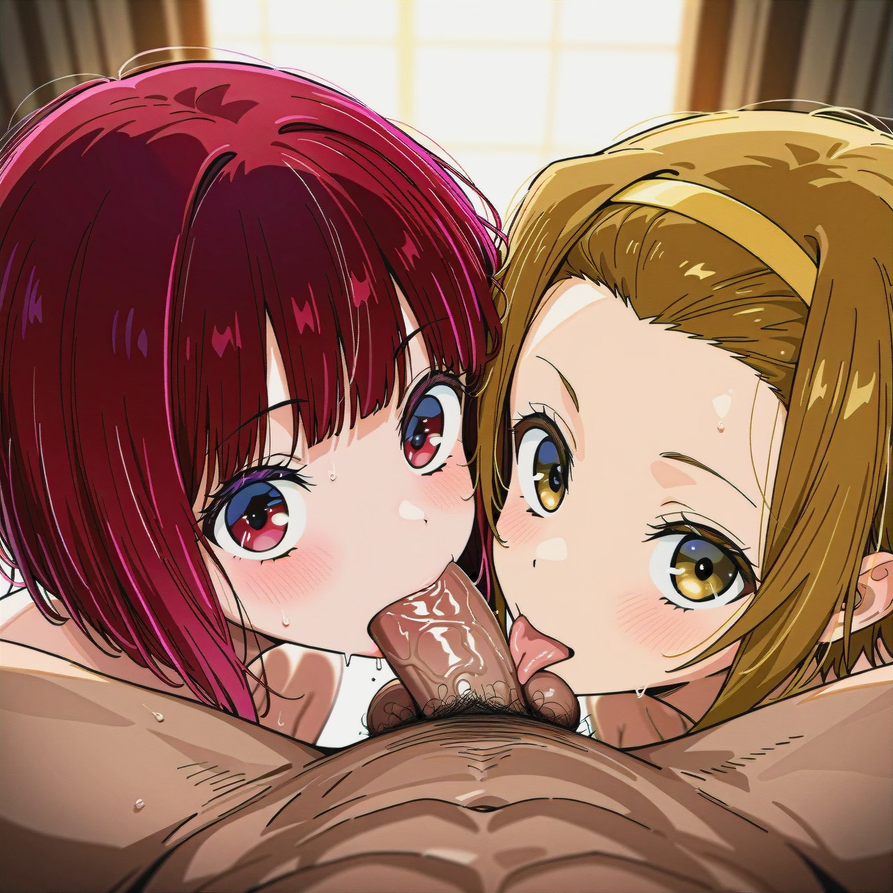 threesome,2girl,1boy, @tainaka_ritsu , @arima_kana , (cooperative_fellatio) , licking balls, one girl licking balls another suck dick, balls in mouth