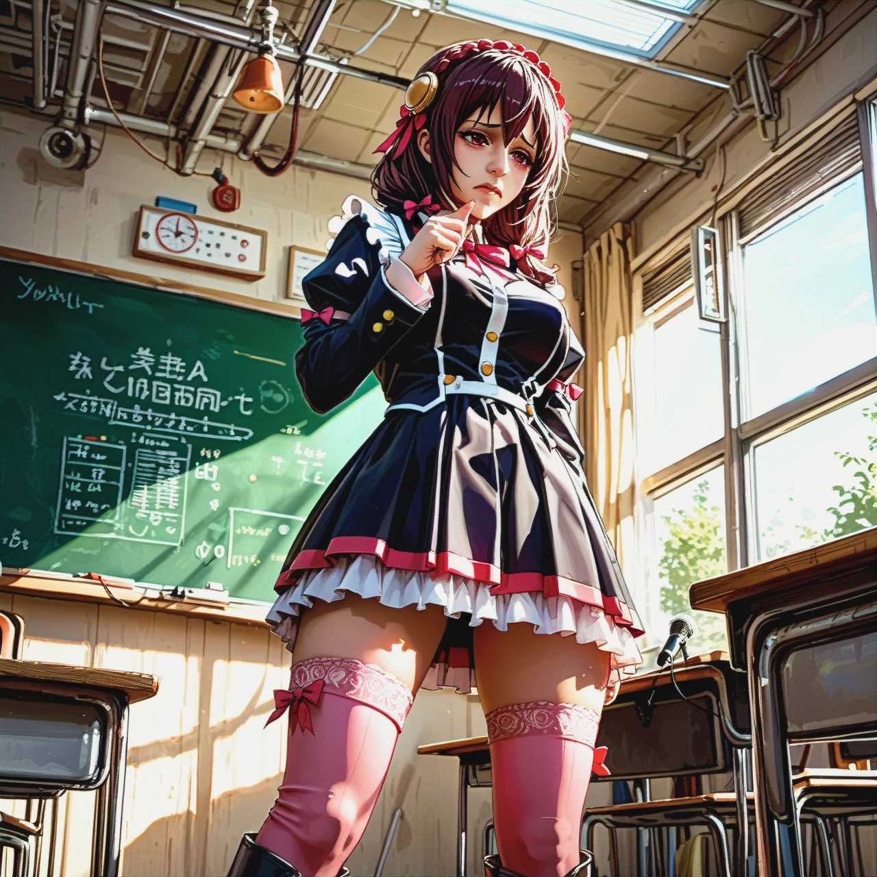 @yunyun, trying to sing into the microphone, sad, standing, pink stockings, high boots. There is a very strict teacher nearby. An old classroom.